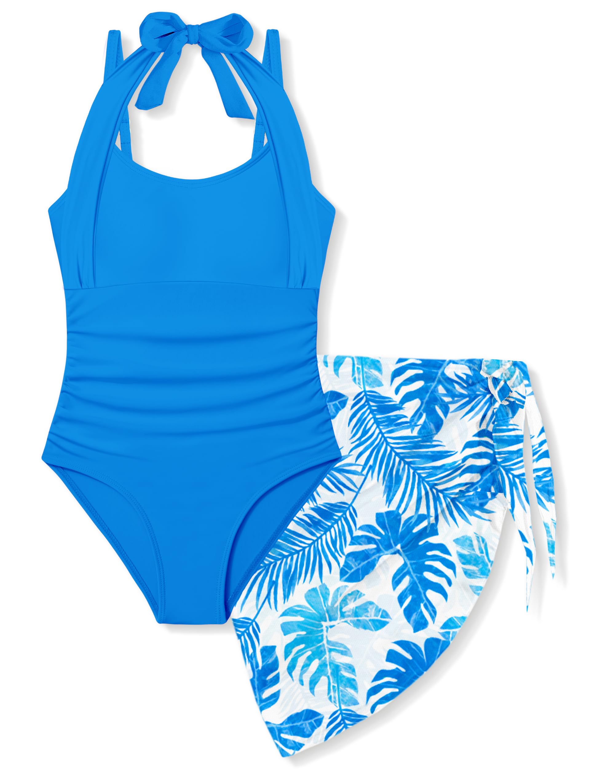 Girls Swimsuit Set - Halter Neck One Piece Bathing Suit with Tropical Cover Up Skirt Swimwear for Kids 7-18Y
