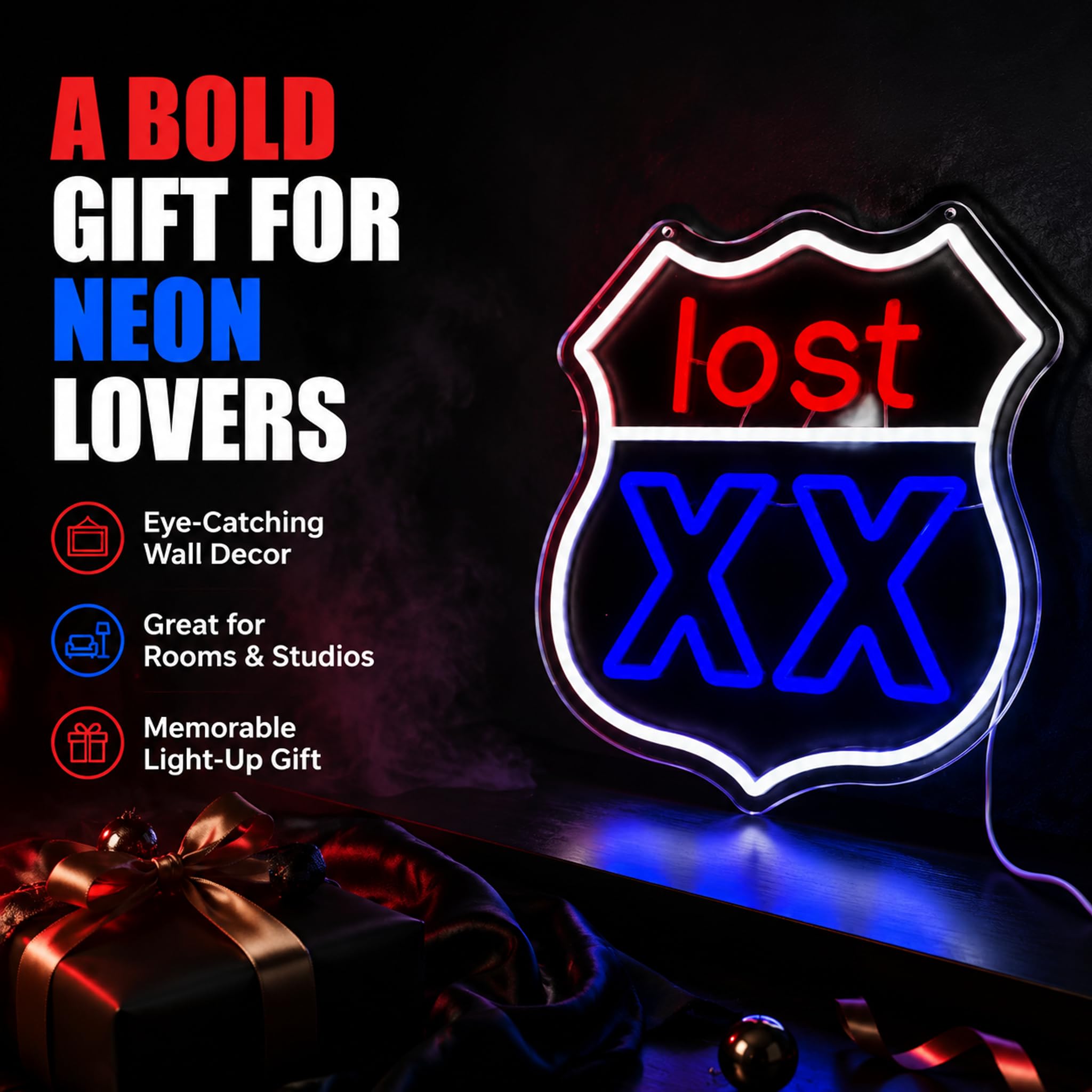 Lost XX Neonschild – 34 x 32 cm, rote und blaue LED-Wanddekoration mit Acryl-Rückwand, USB-betriebene Neonlichter für Spielzimmer, Männerhöhle, Bar, Schlafzimmer und Streetwear-Stil, Geschenk