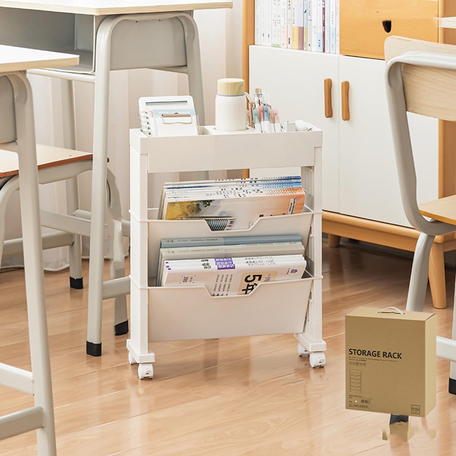 TUOYIBO Mobile Bookshelf, Mobile Bookshelf with Wheels, Mobile Unique Bookcase, Multi-Functional Rolling Utility Cart with Pen Holder, for Office, Dorm, Classroom, Nursery