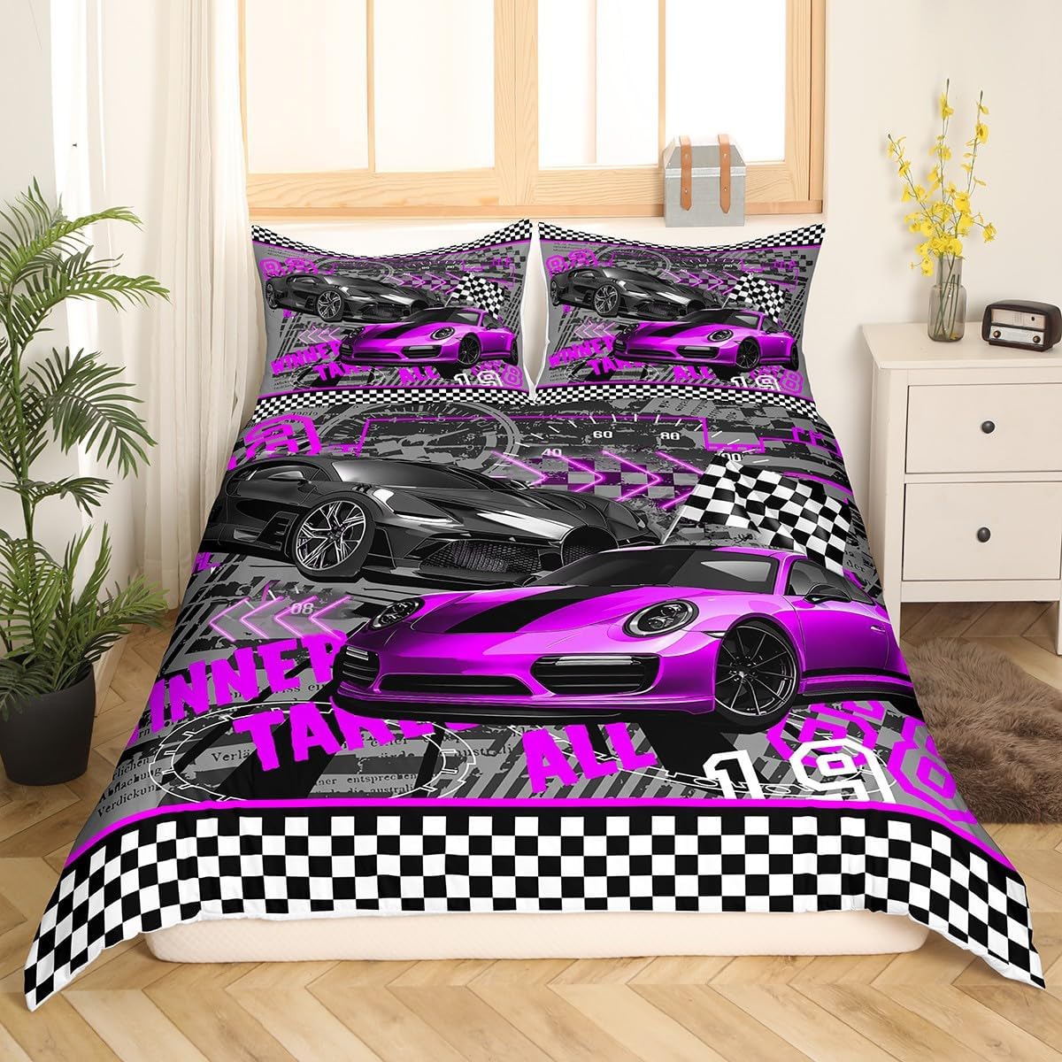 Boys Sports Car Bedding Set,Purple Race Car Duvet Cover for Teens,Kids Racing Theme Comforter Cover Decorative Room,Children Extreme Sports Quilt Cover with 2 Pillowcases,Full Size(No Comforter)
