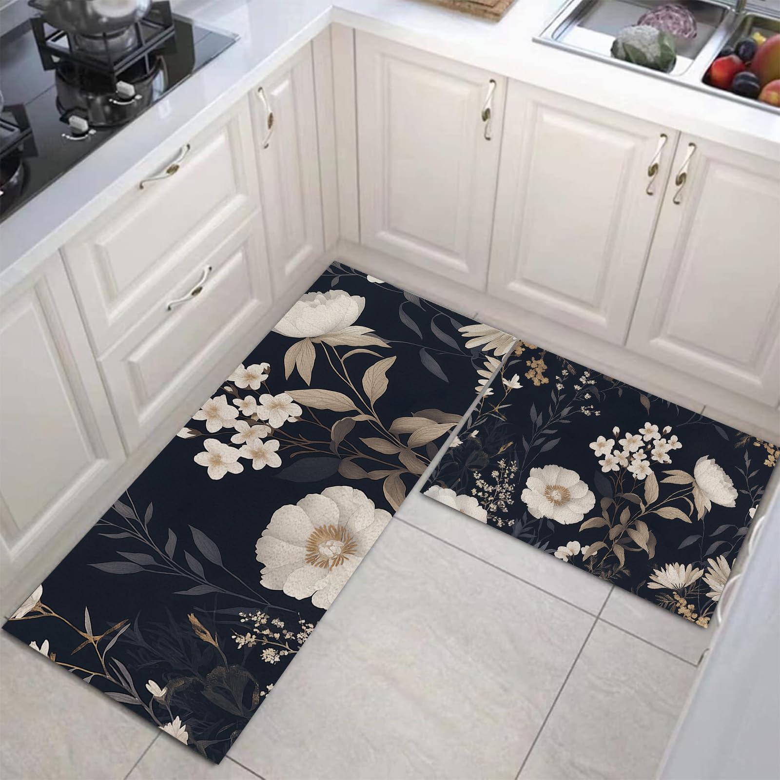 Tapis de cuisine antidérapant lavable pour un couloir et un salon au style rétro fleuri