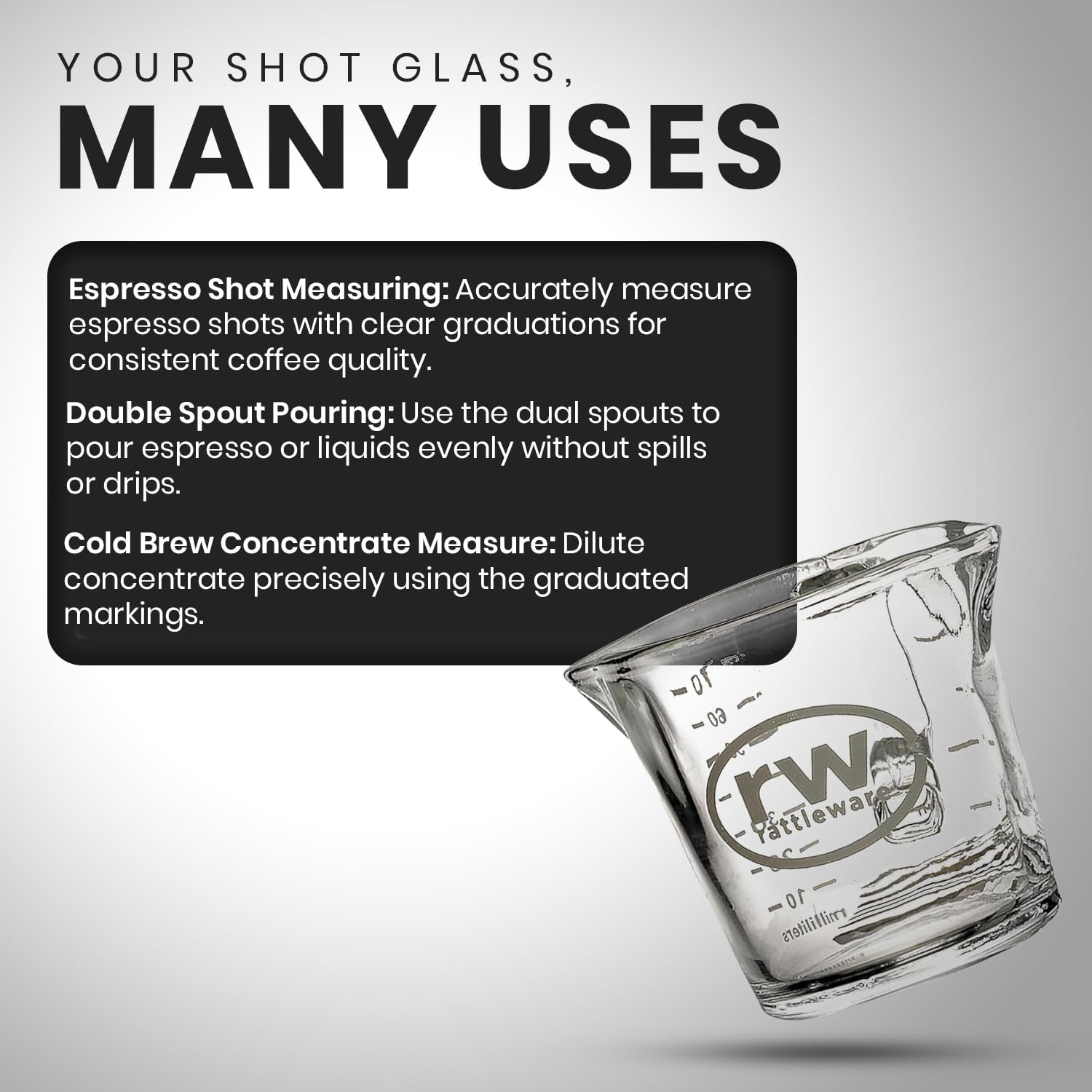Rattleware 3 oz Espresso Shot Glass Pitcher – Double Spouted Genuine Barista Measuring Cup with White Graduations in ml & oz – High-Volume, Commercial-Grade for Swift Espresso Pouring & Precision - Image 8