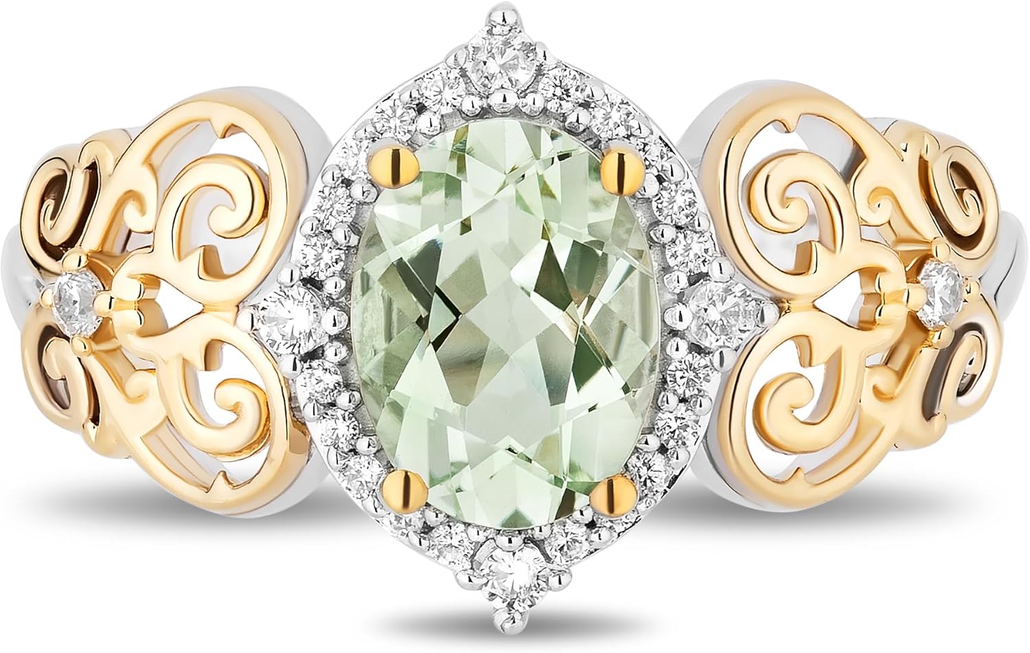 Jewelili Enchanted Disney Fine Jewelry 14K Yellow Gold over Sterling Silver with 1/8 CTTW Diamonds and Green Amethyst Tiana Ring