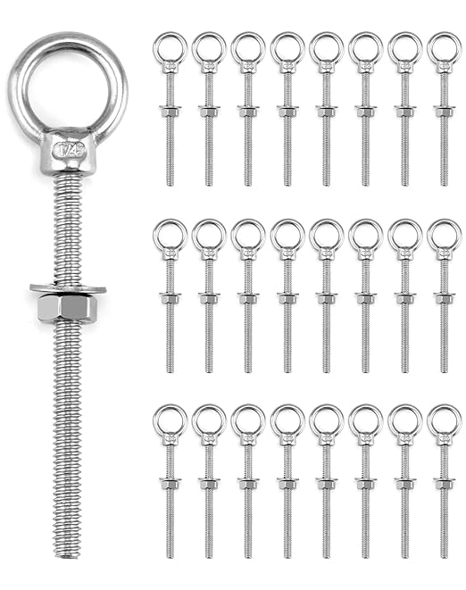 QWORK Eye Bolt, 25 Pack 1/4"x3" Stainless Steel Marine Grade Threaded Eyebolts, Lifting Ring Threaded Eyebolts with Nuts Washers
