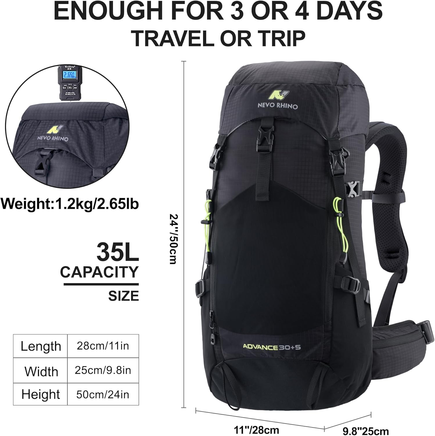 N NEVO RHINO 35L Internal Frame Backpack,Women Men’s Backpacking Backpack with Rain Cover,30+5 Liter Lightweight Hiking Backpacking Packs for Camping,Hiking,Traveling