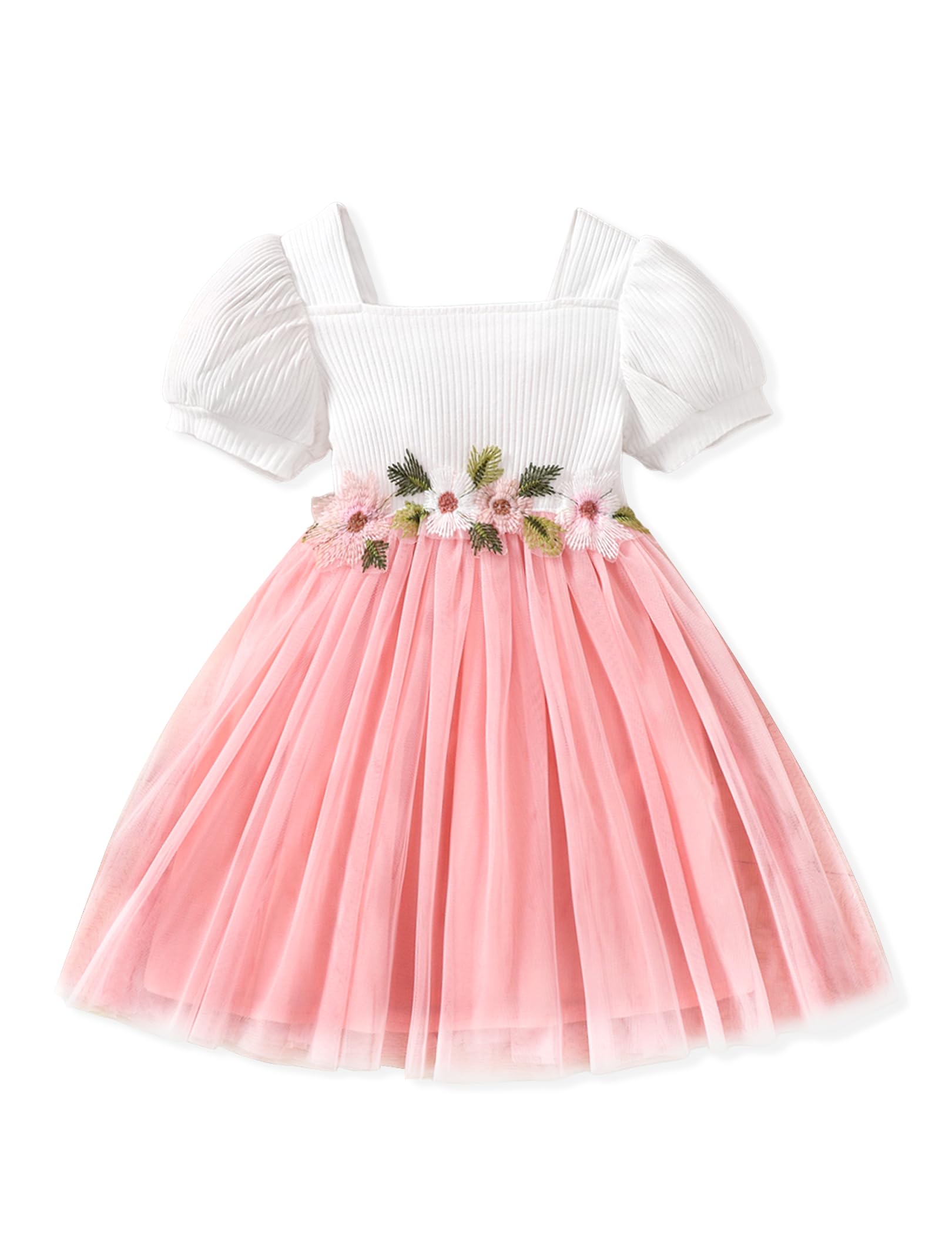PATPATToddler Girl Dress Floral Lace Belted Puff-sleeve Tutu Tulle Party Wedding Princess Dress 2-6 Years