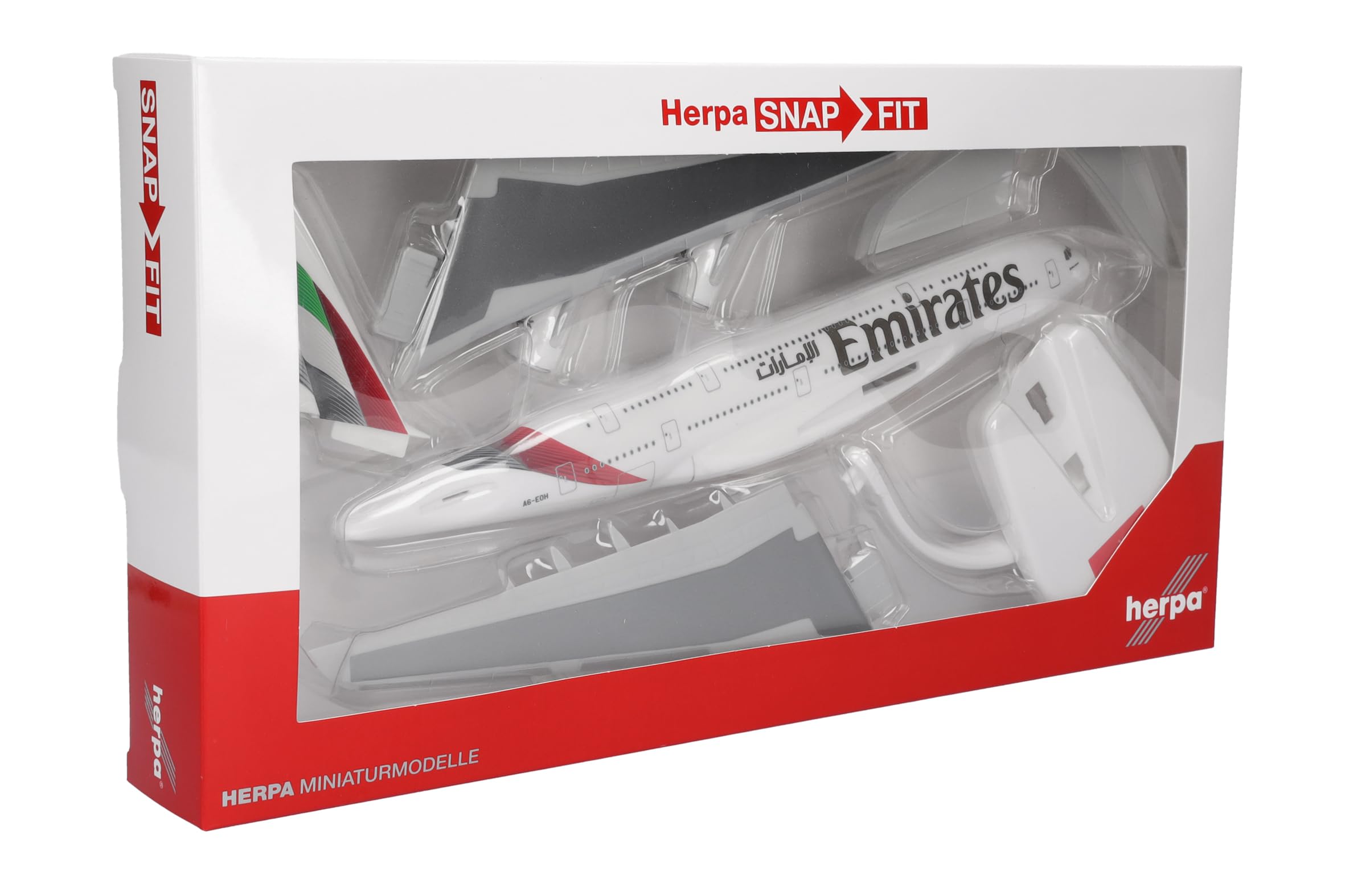 Herpa Snap-Fit Avion Emirates Airbus A380 Miniature échelle 1:250 Collection avec Socle Plastique