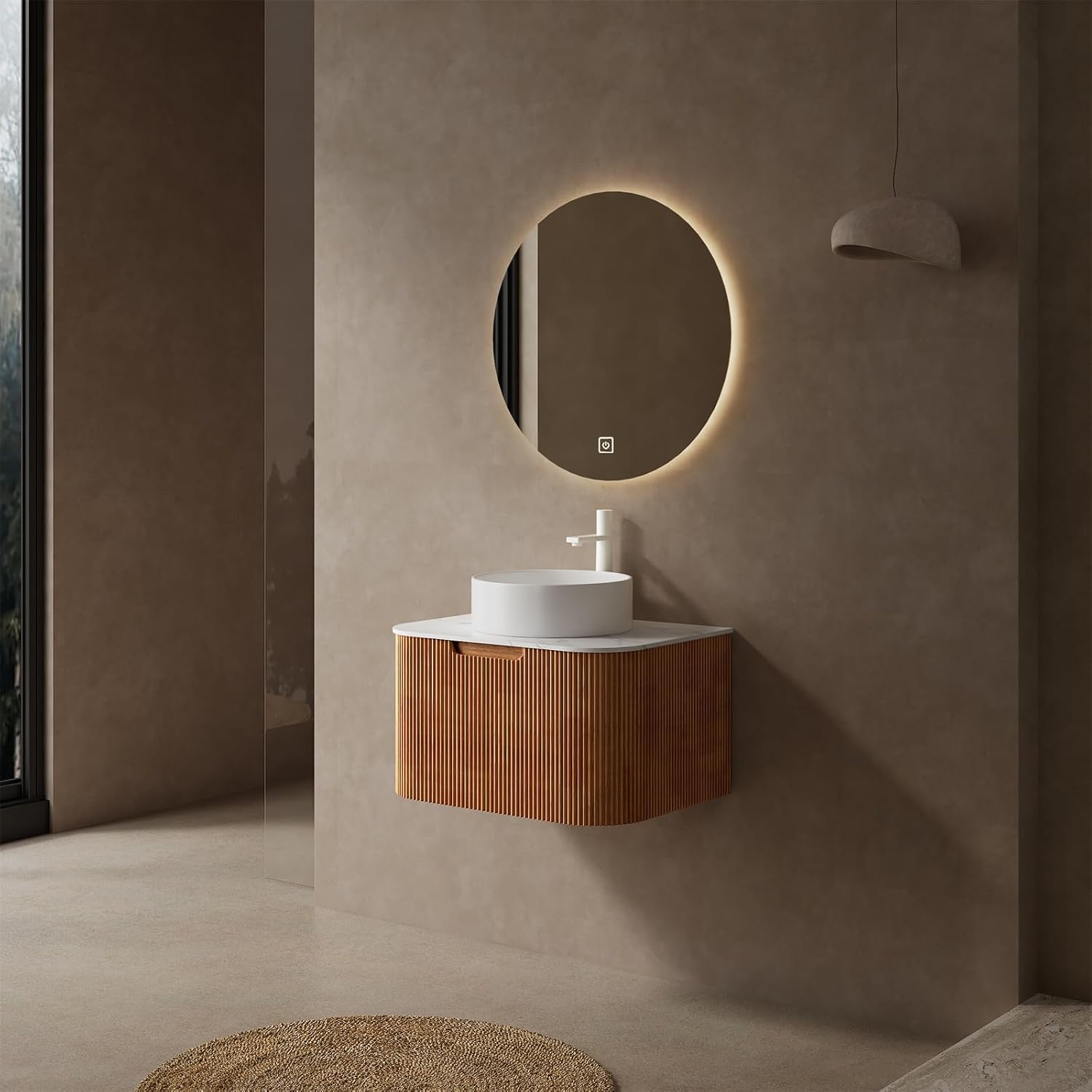 24 Inch Solid Wood Texture Floating Bathroom Vanity with Sink, Modern Wall-Mounted Striped Bathroom Storage Cabinet with White Ceramic Sink Combo, Natural Wood