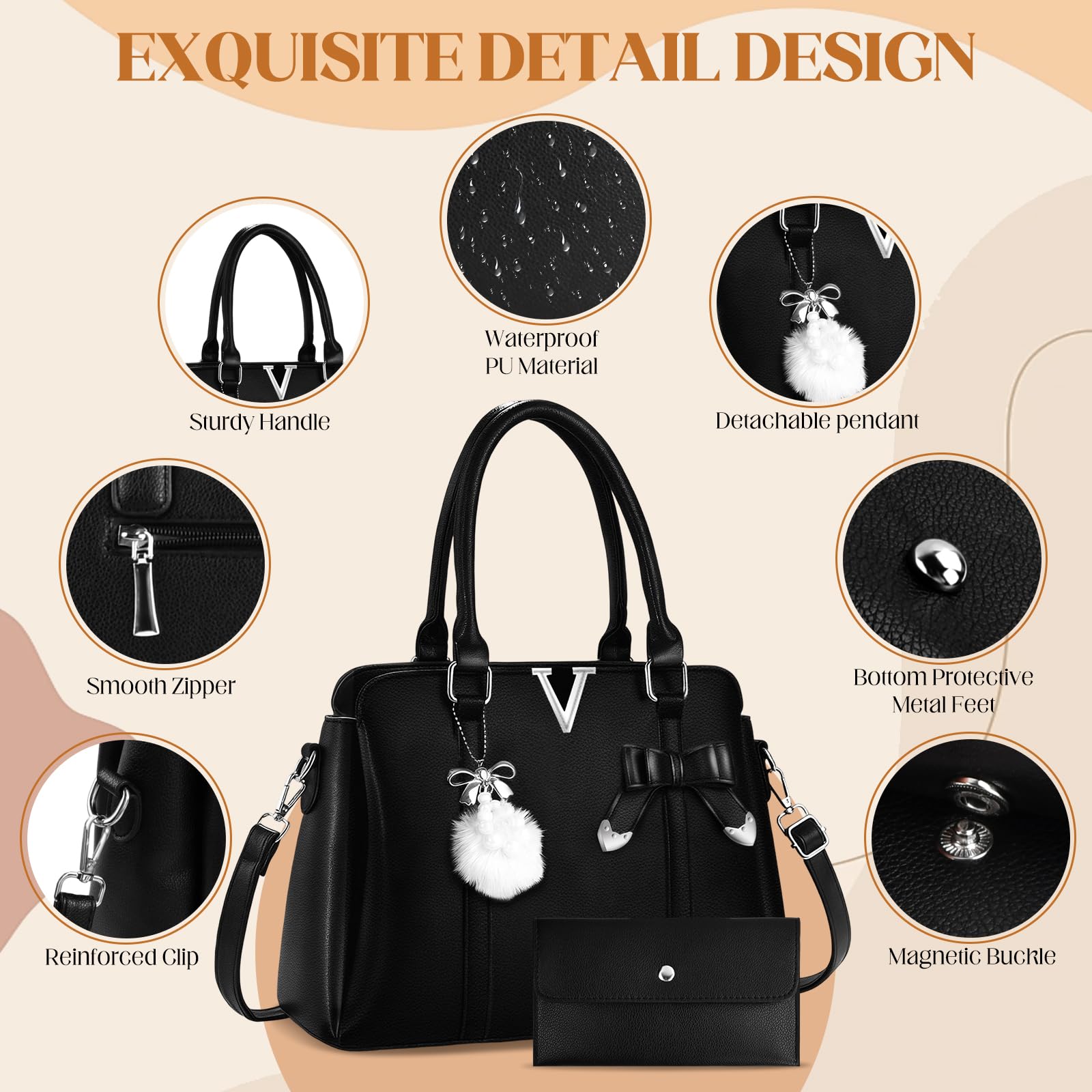 Sac à Main Femme,Sac a main noir,Sacs à Main Portés Main,Cuir PU,Cabas Femme Grand,avec portefeuille,Sac Fourre Tout,Multi Poche Plusieurs Compartiments,Pour Université Travail