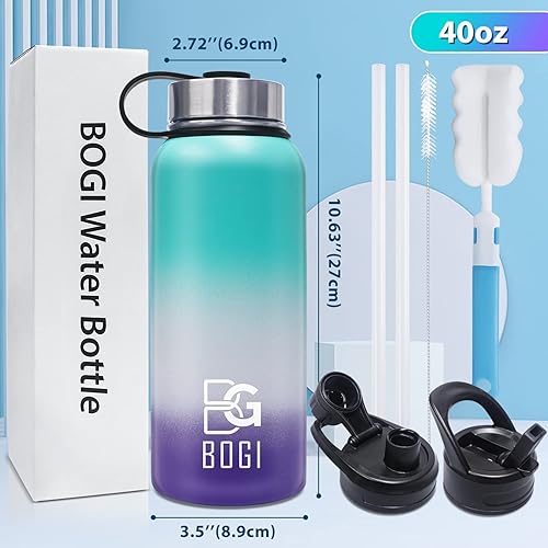 Vista 11 de BOGI Botella de agua aislada de 32 onzas, botella de agua de acero inoxidable al vacío de doble pared con popote y 3 tapas, a prueba de sudor