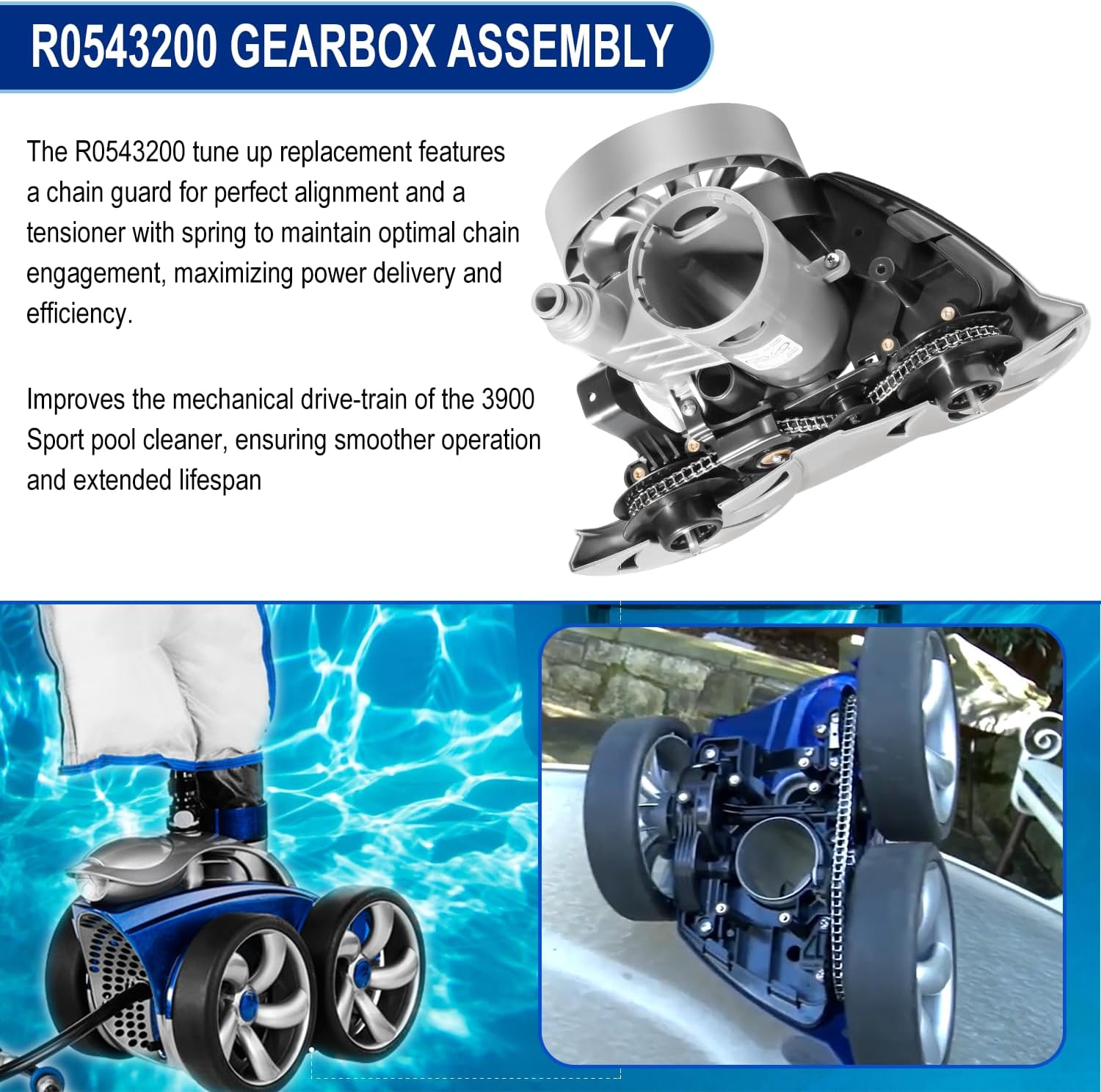 R0543200 Tune Up Rebuild Repair Kit Gearbox Assembly with 3-Pack 48-232 Wide Trax Tires Replacement Parts Kit Fit for Polaris 3900 P39 Sport Robotic Swimming Pool Cleaner Vacumm