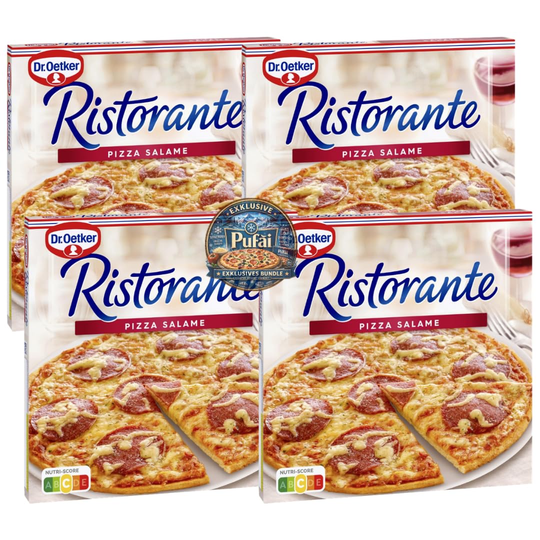 PUFAI Bundle – Pizza Salame 320g x4 – Tiefkühlpizza mit Salami, Dünner Boden, Ofenfertig, Knusprig