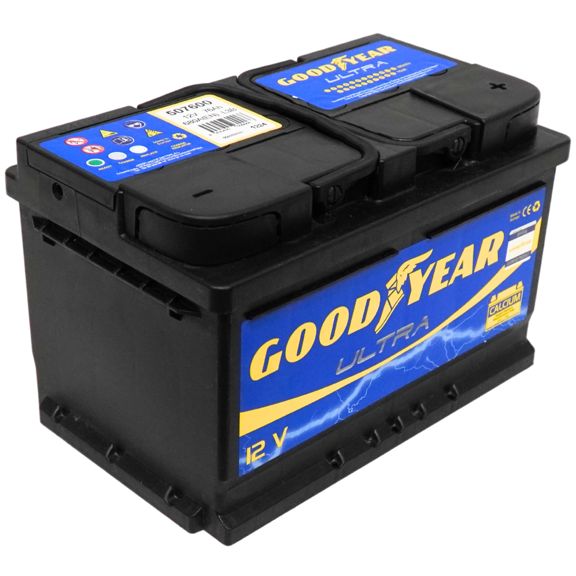 Batería de coche 76 Ah 680 Amp. GOOD YEAR. 24 Meses de Garantía. + 20% de Potencia de Arranque. Máxima Fuerza de Aranque. Fabricante Lider Mundial. Medidas: 278 Largo X 175 Ancho X 190 Alto.