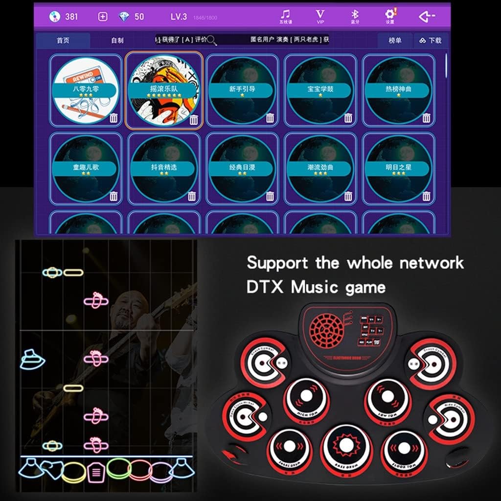 Portable Roll UP Electronic MIDI Drum Set Kits 9 Pads Built-in Speakers Practice (Color : As Shown, Size : One Size)