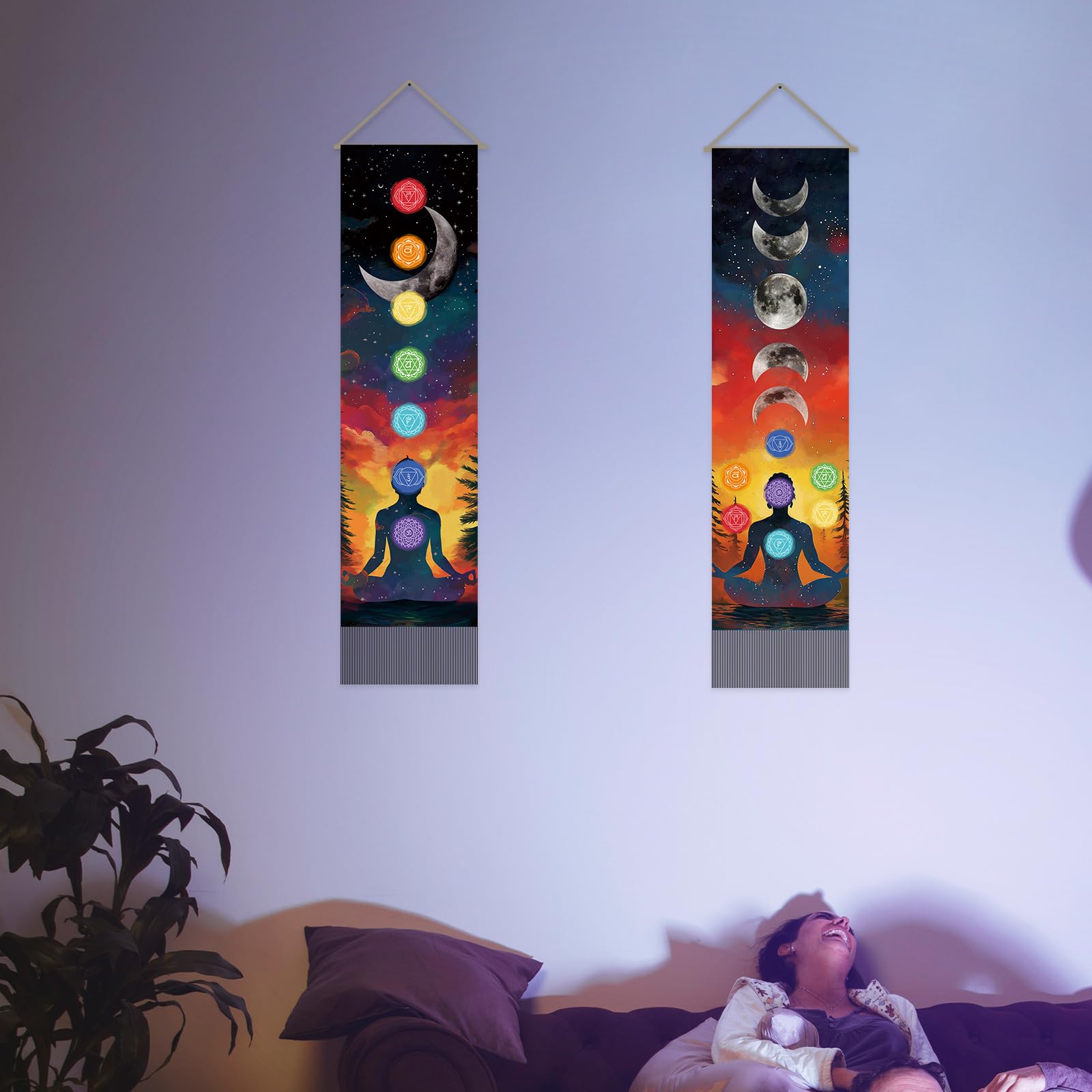 SUPERDANT Arazzo Dei Sette Chakra Meditazione Tappezzeria Da Parete Fasi Lunari Decorazione 2 Tappeti Lunghi Con Frange Per Soggiorno Camera Da Letto Yoga 130x33 cm