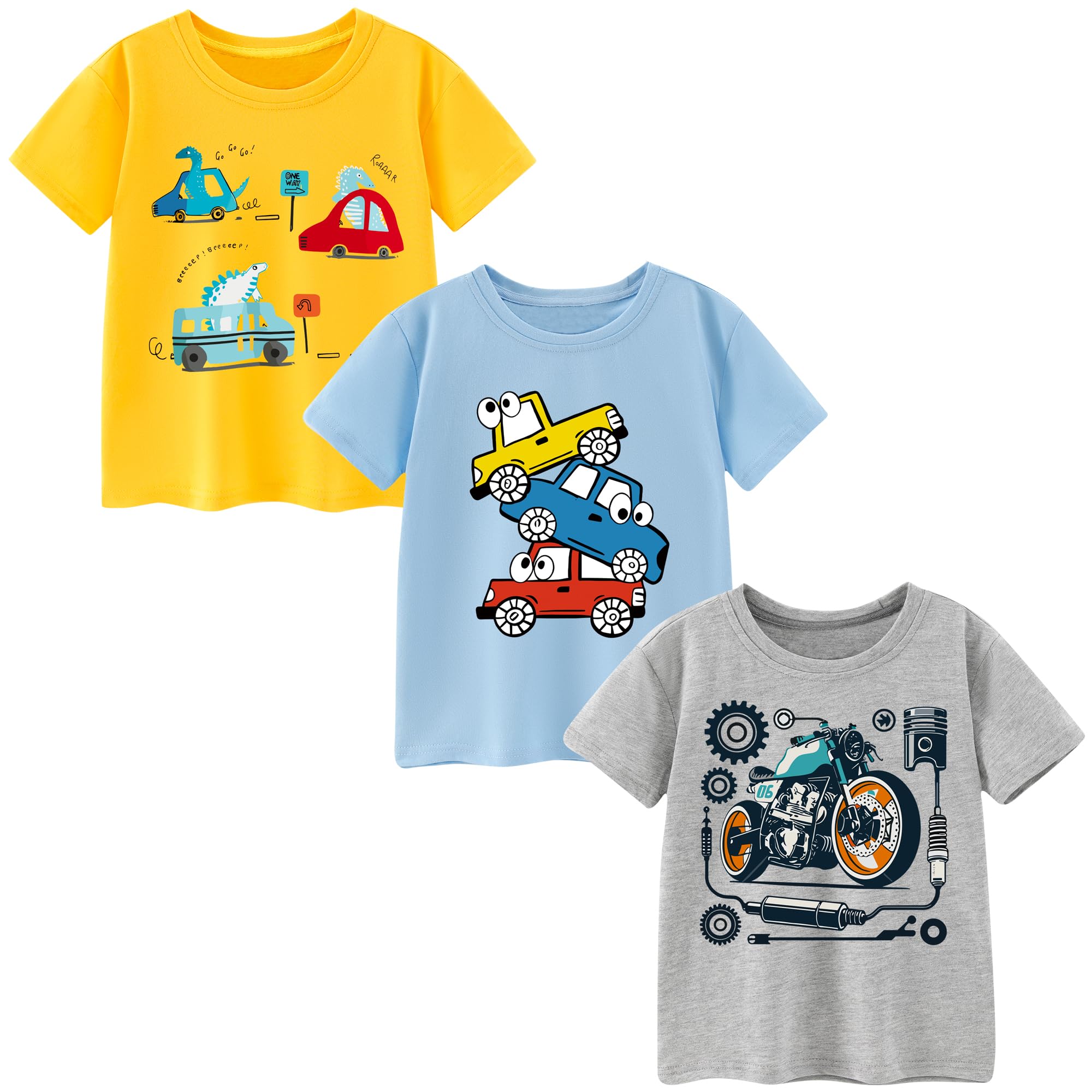 Jungen T-Shirts Baumwolle 3-8 Jahre | 3er-Pack Sommer Tshirt Baby-Jungen Kurzarm Rundhals Bagger Dinosaurier Tops für Kinder 98 104 110 116 122 128