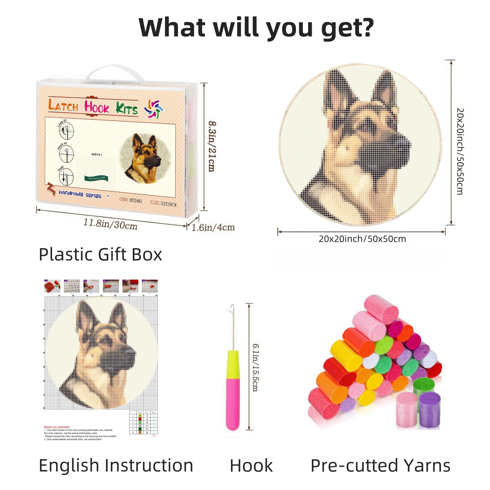 Latch Hook Rug Kit German Shepherd Dog Stamped Handmade Round Shape Carpet Crochet Yarn Craft DIY Hook and Latch Door Mat Tapestry for Christmas Home Floor Decor 50x50cm(1)