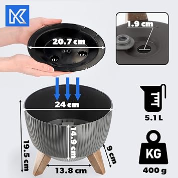 KADAX plastic flower pot with THREE insertion supports round flower bowl plant pot flower pot plant bowl for balcony living room (24 cm Ø/anthracite)