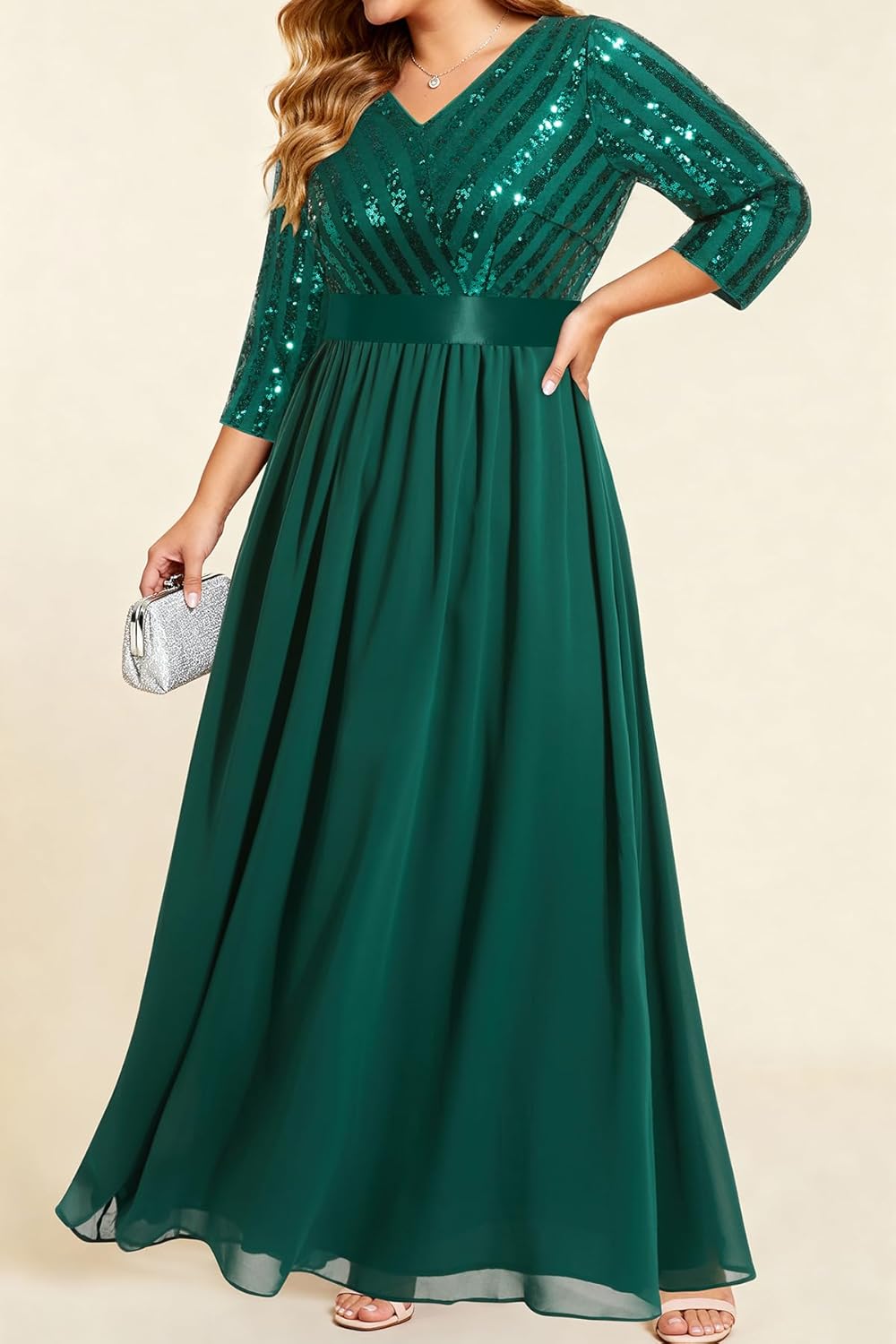 Womens Plus Size Formal Dresses - V Neck 3/4 Sleeve Sequin Prom Evening Gowns Long Maxi Dress - Image 5