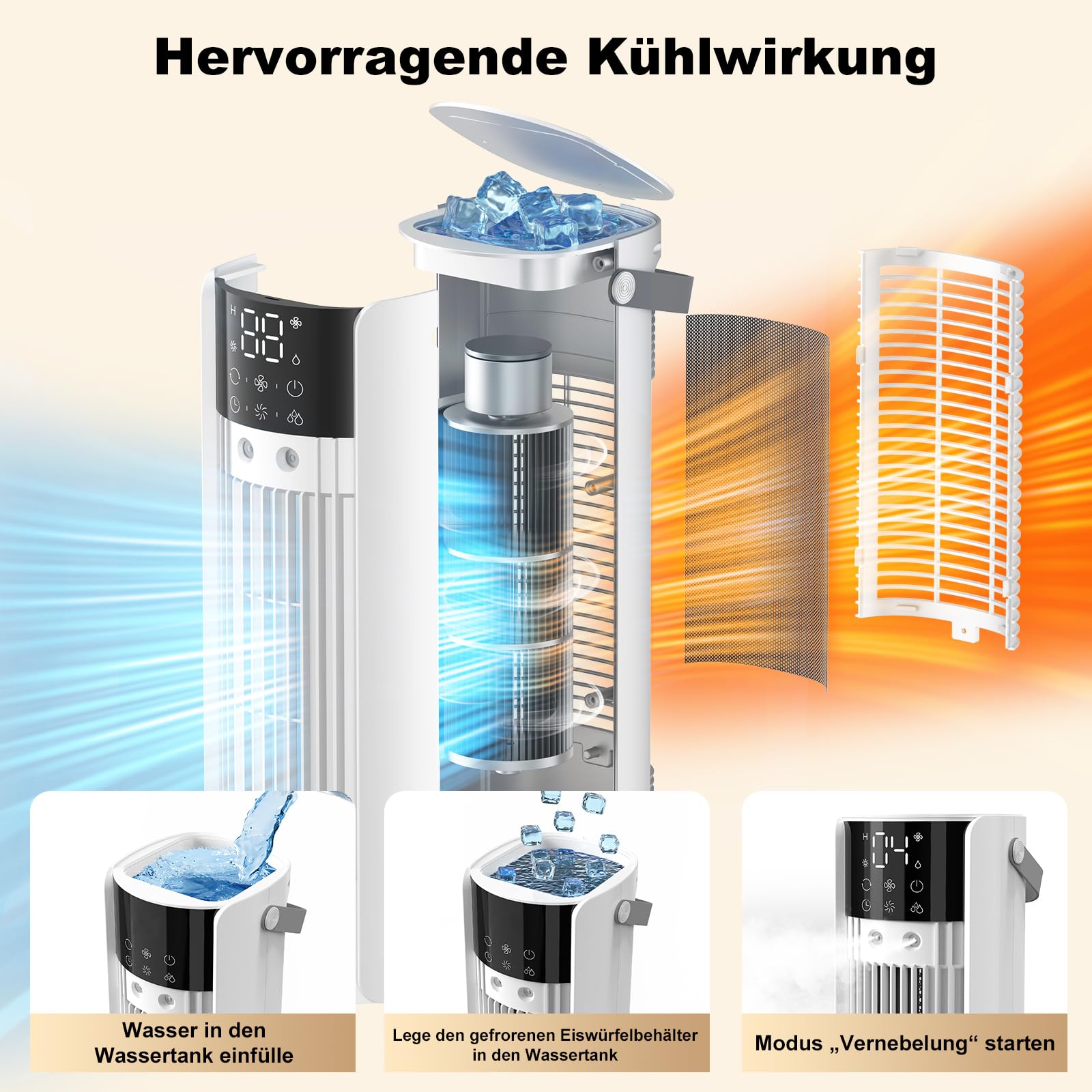 Mobile Klimaanlage 4-in-1 Luftkühler mit Wasserkühlung, 900ml Tank, 3 Gebläsestufen, 90° Oszillation, LED-Display, Leise