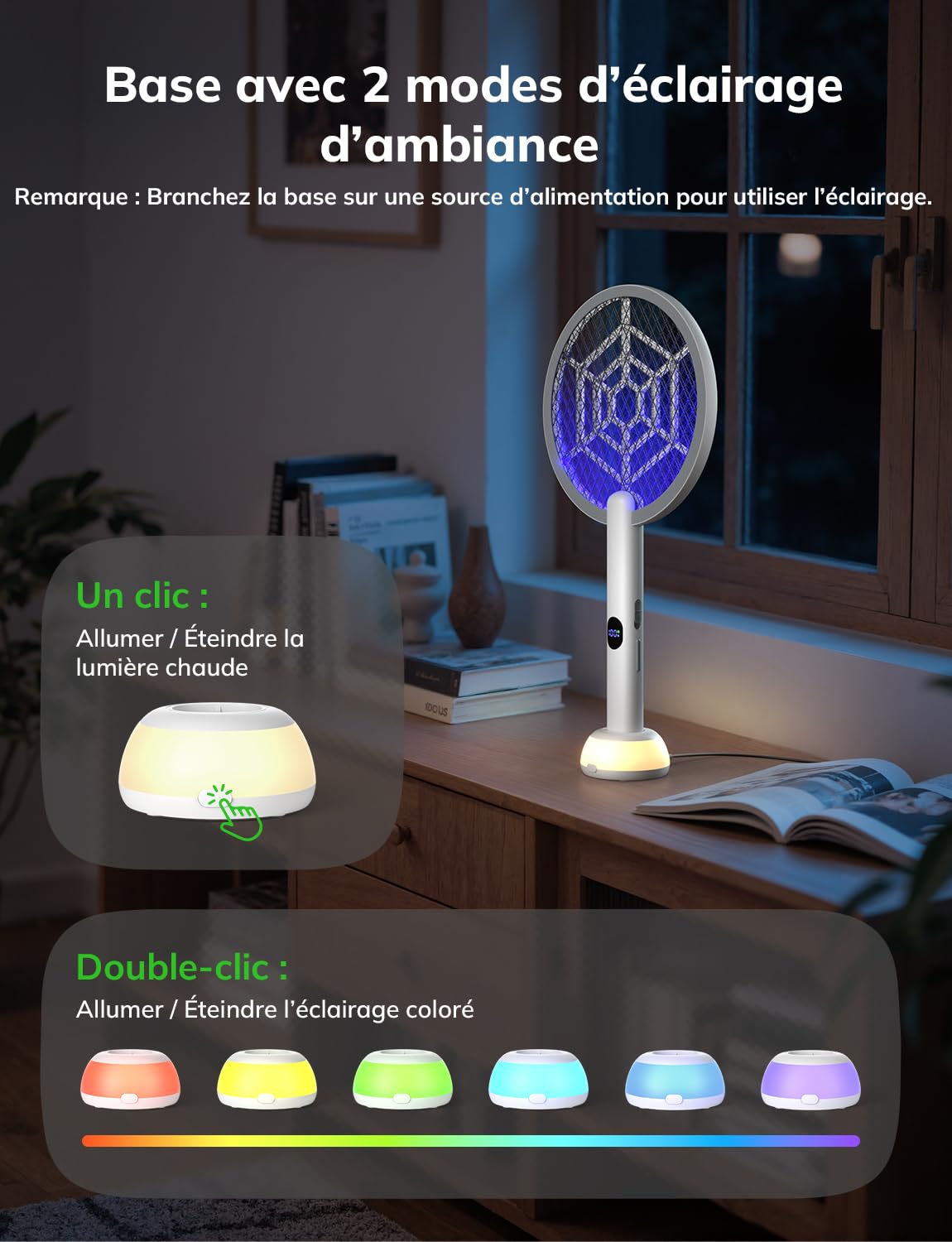 YISSVIC Raquette Electrique Insectes 1800mAh Raquette Anti Moustique 4000V Tapette à Mouche Puissante ave Base Lumineuse Rechargeable USB-C Élimine Moustiques Mites Fourmis Volantes (Blanc)