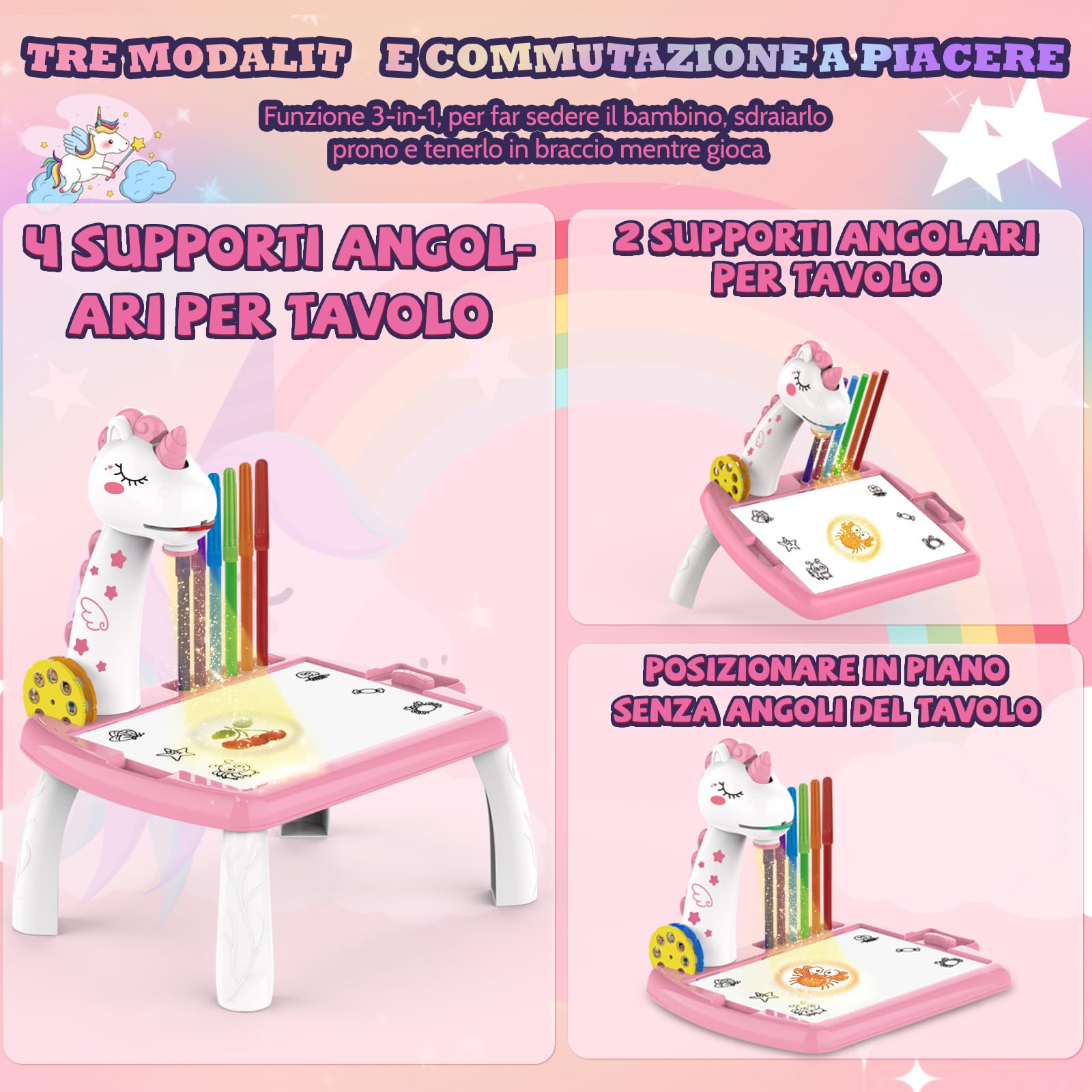 BuzzoXerex Proiettore Disegno Bambini, Tavolo da Disegno per Bambini 48 Pezzi Proiettore Colorare Bambino con 48 Motivi, Album da Disegno, Album di Adesivi, Penne Colorate per 3-10 Anni (Rosa)