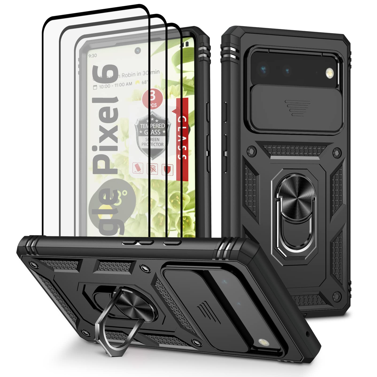 for Google Pixel 6 Case, Case for Pixel 6 with 3 Pcs Tempered Glass Screen Protector Built in Ring Stand Kickstand + Camera Cover, Hard PC Soft TPU
