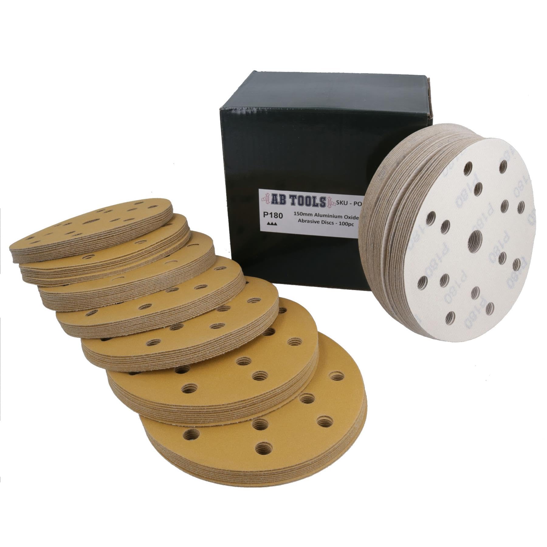 Discos de lijado de 150 mm, óxido de aluminio abrasivo, grano 180, gancho de 15 agujeros + bucle, 200 unidades