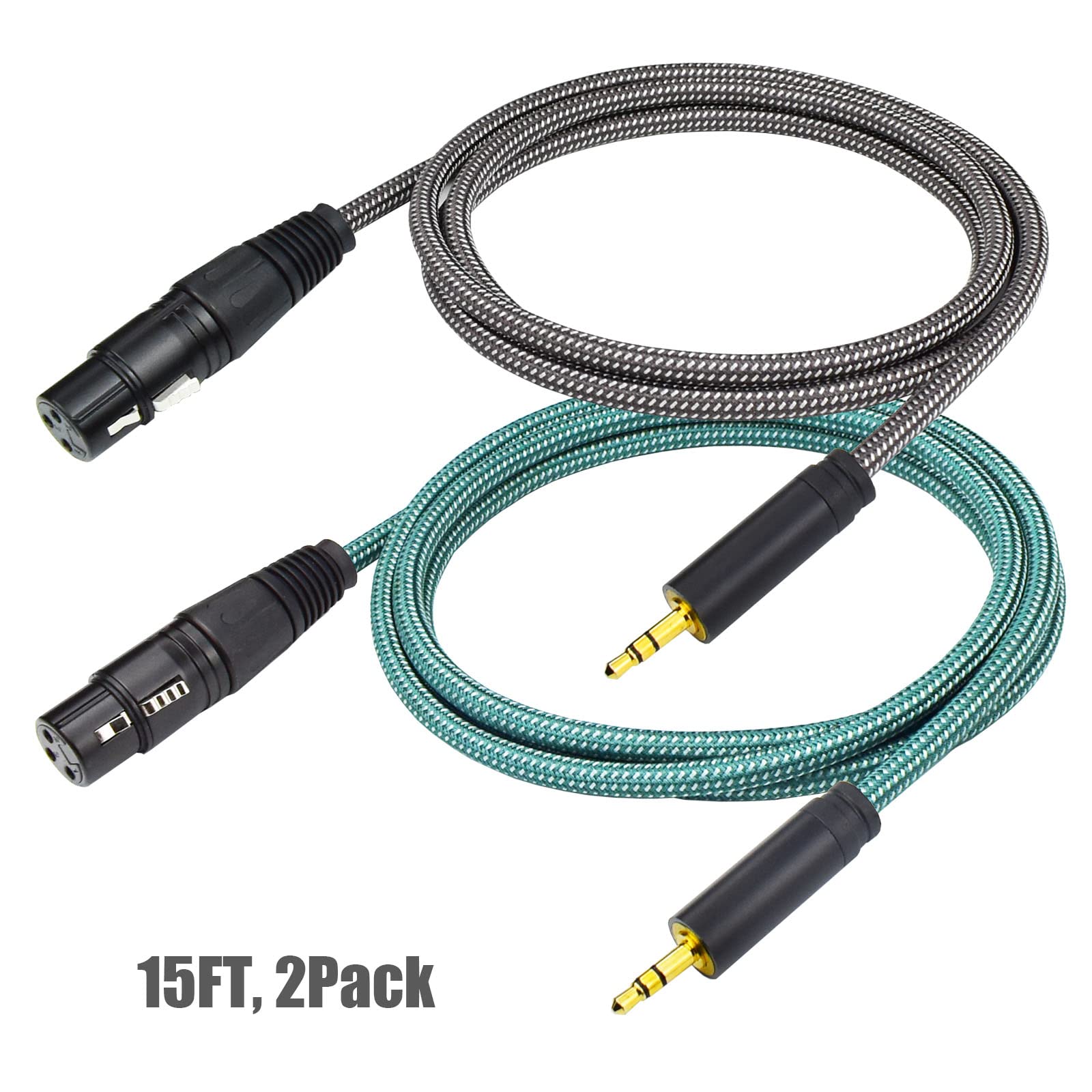 Cable de micrófono XLR hembra de 1/8 a XLR hembra, 15 pies XLR hembra a estéreo de 3.5 mm, cable auxiliar TRS, desequilibrado, trenzado de nailon, blindado OFC, para mezclador, altavoz, cámara