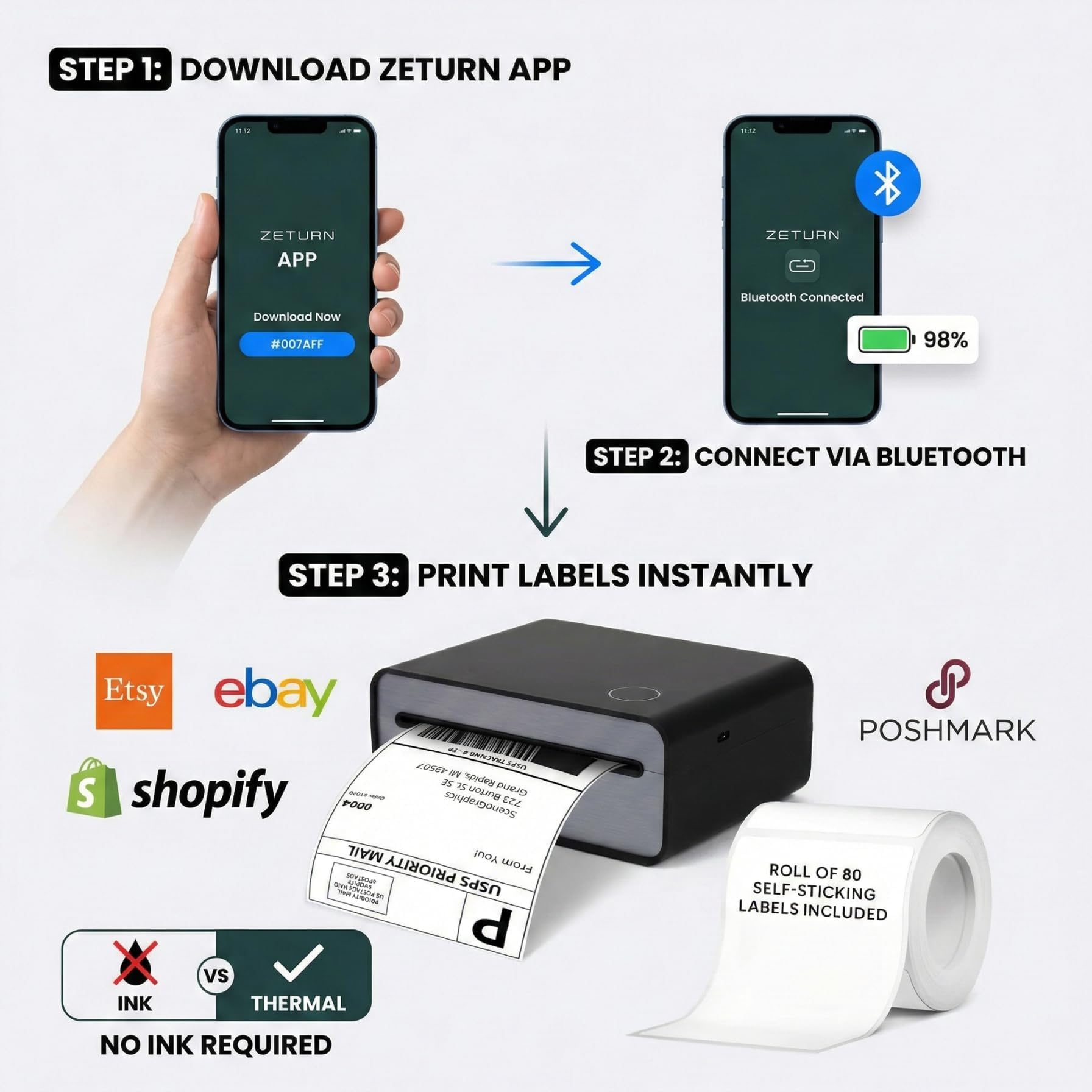 4x6 Thermal Shipping Label Printer - Wireless Bluetooth, Rechargeable Battery, No Ink Needed - for iPhone, Android, Home — view 5