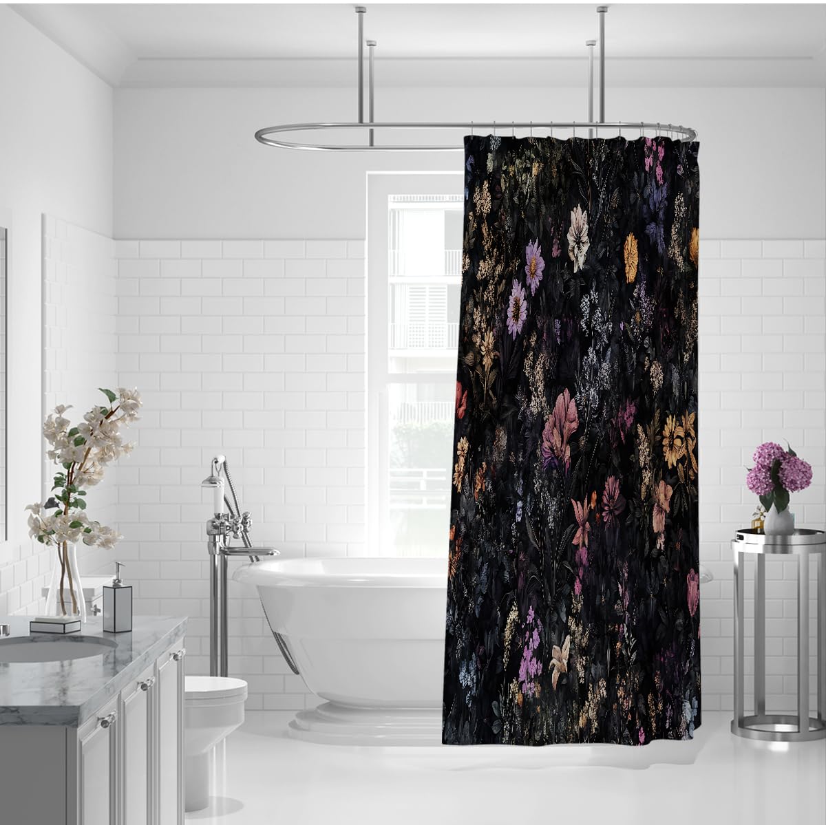Rideau douche botanique noir déco salle de bain vintage W180xL180 cm