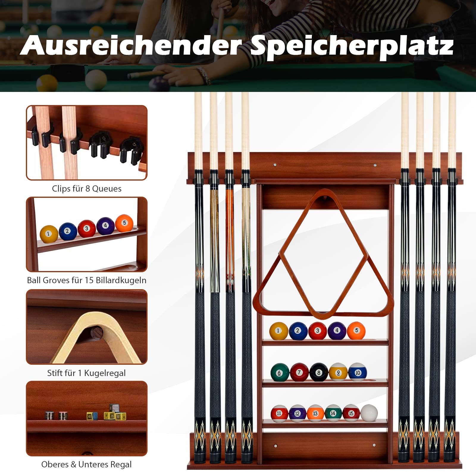 COSTWAY Billard Queue Halter Wandmontage, Wandqueuehalter für 8 Queues, 15 Billardkugeln und 1 Ballständer, aus Kiefernholz (Braun)