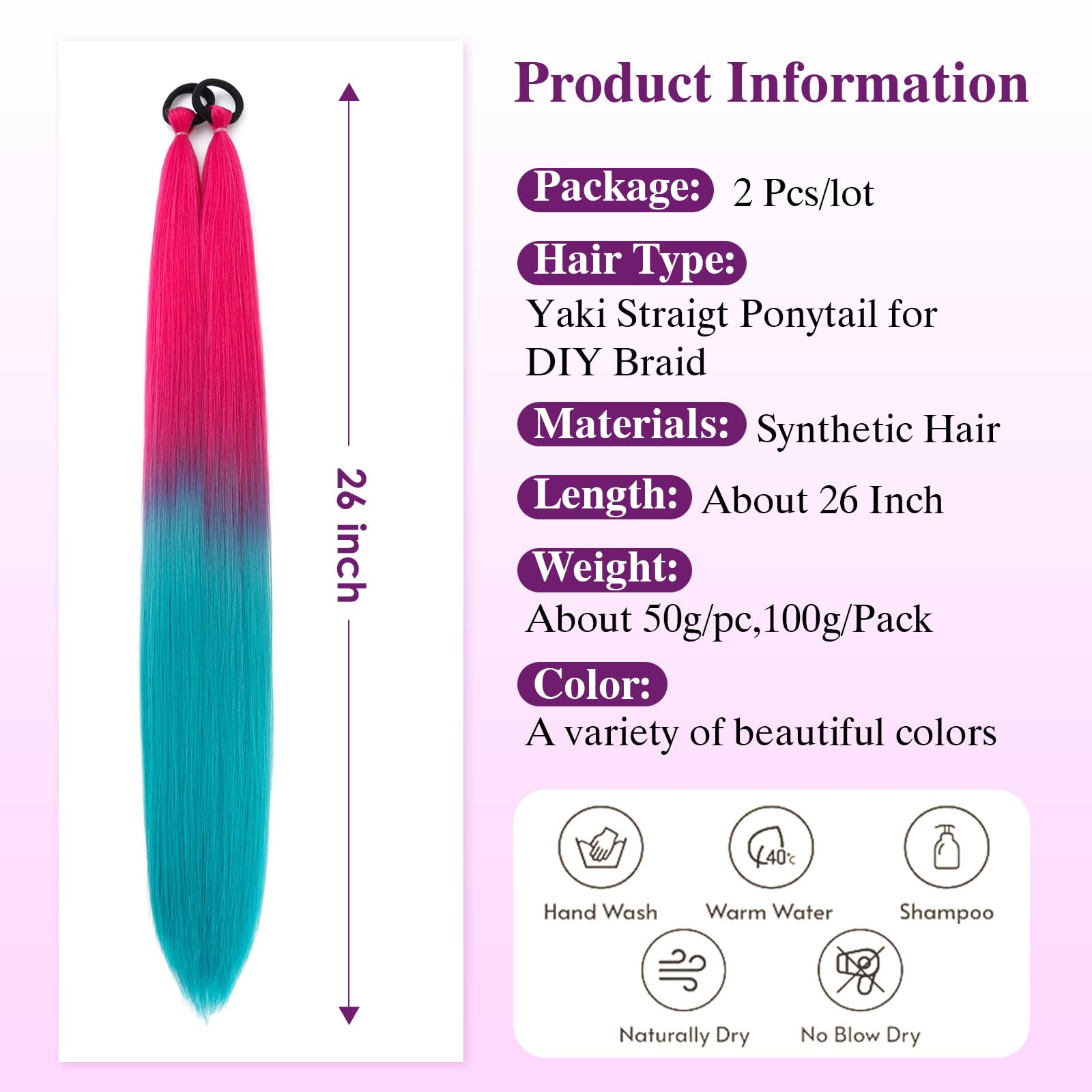 S-noilite Ombre Ponytail Hair Extensions with Hair Tie for Women Girls,Colored Synthetic Hairpiece Daily Party Costume DIY Braiding,26inch 2pcs,Peach Red to Lake Green - Image 2