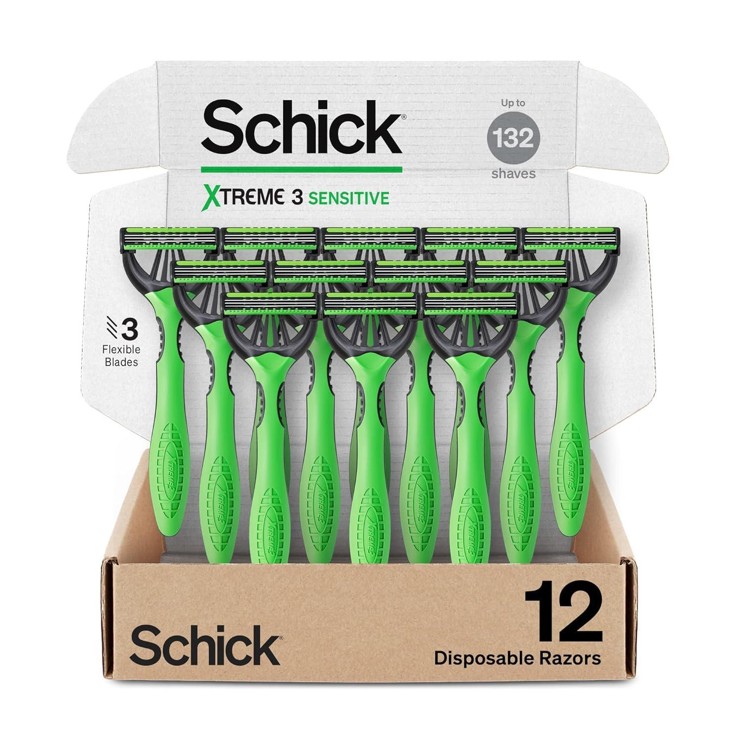 Schick Xtreme 3 - Maquinillas de afeitar desechables originales sensibles para hombres | Maquinillas de afeitar desechables para hombre para afeitar piel sensible, 12 unidades