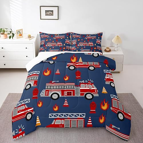 Miniatura 1 de Juego de ropa de cama de coche de dibujos animados para niños, niñas, adolescentes, decoración de habitación, edredón de bomberos, automóvil,