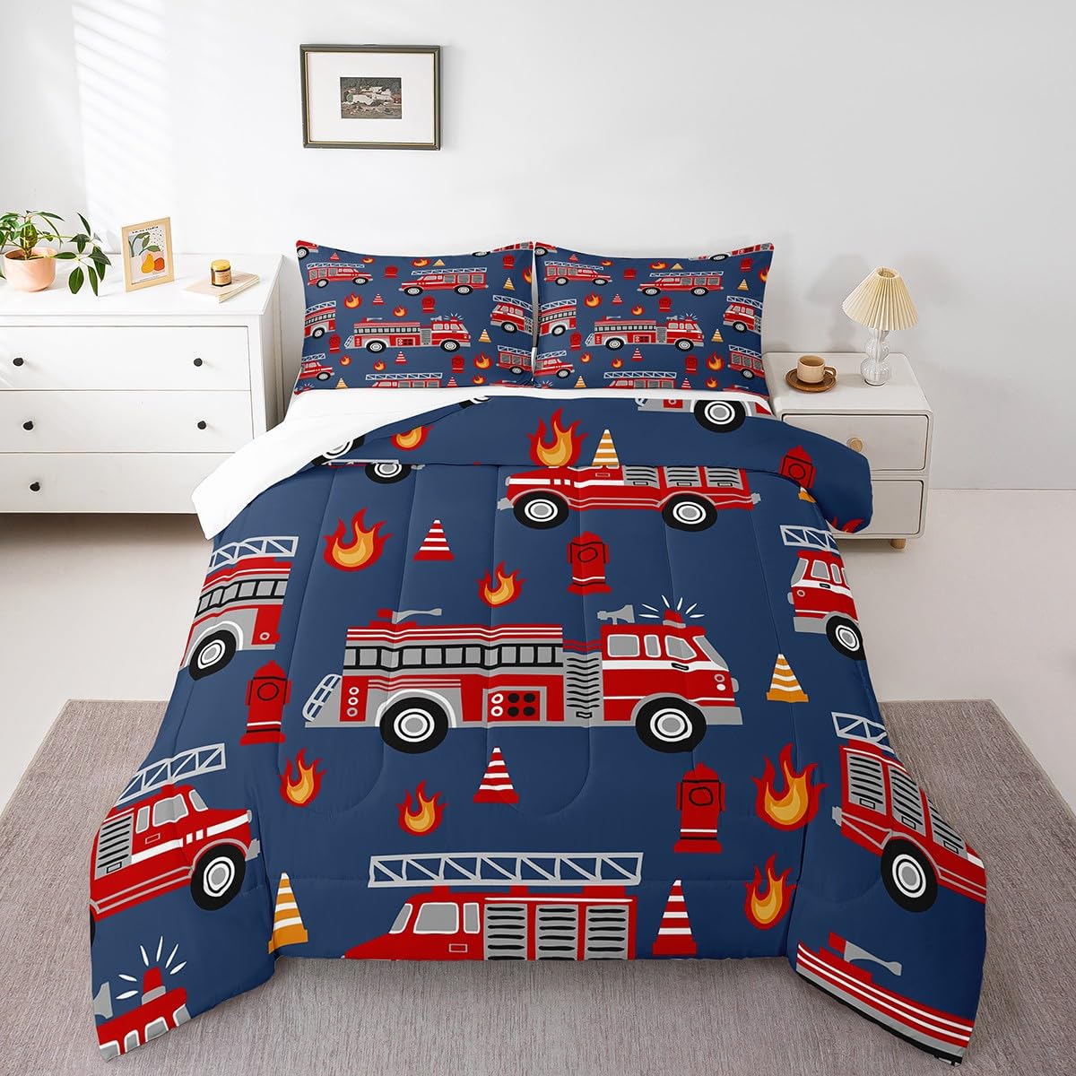 Feelyou Cartoon Car Bedding Set Fire Truck Comforter Set for Kids Boys Girls Teens Room Decor Firefighter Comforter Firemen Car Vehicle Fire Engine Blue Red Duvet Set 3Pcs Queen Size