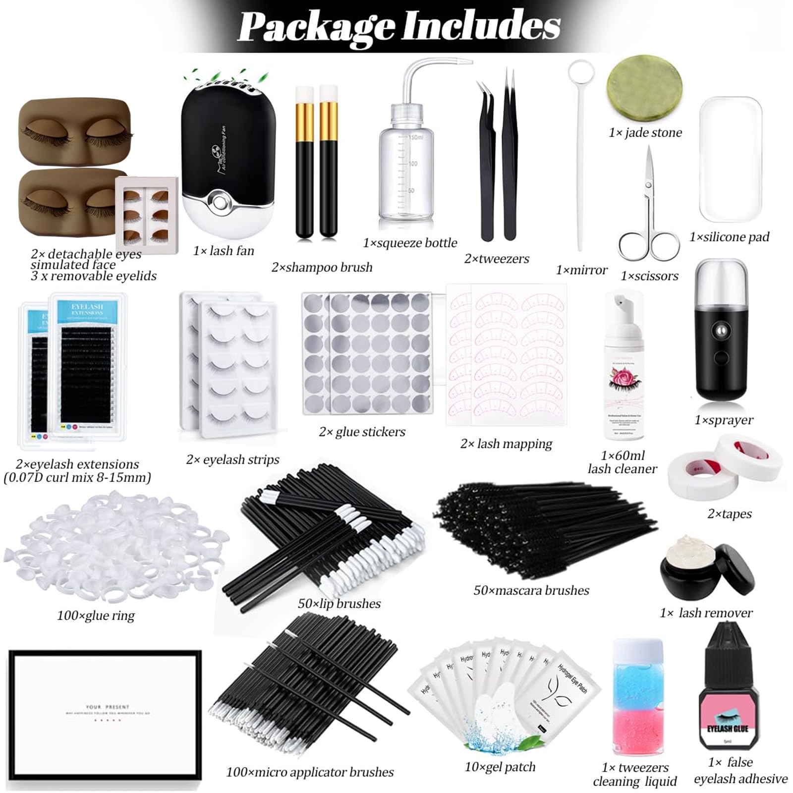 Kit d'extension de cils pour débutants avec tête de mannequin de cils, paupières remplaçables, faux cils, bandes d'entraînement pour cils, vaporisateur facial, pince à épiler, colle, ventilateur USB