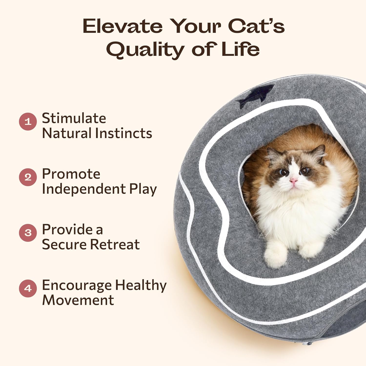 Meowfia Scratch-Resistant Felt Cat Cave – Donut Tunnel Bed for Indoor Cats – Multi-Cat Hideaway in Cute Patterns (Dark Gray)