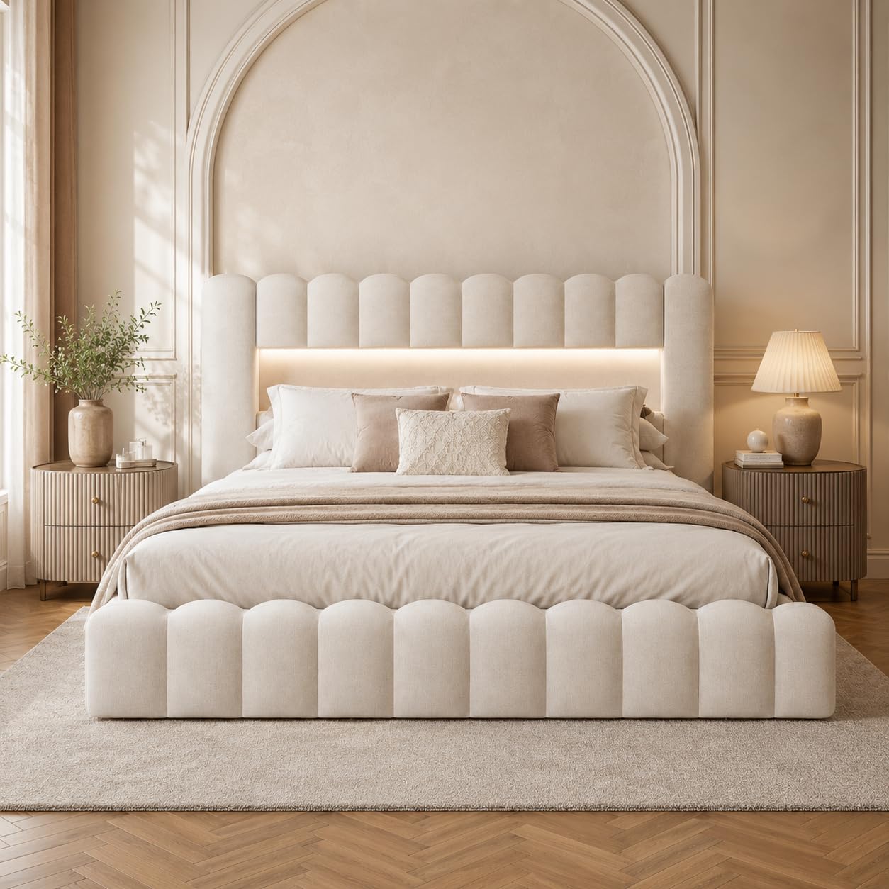 BRILVERDE Letto imbottito 180x200,Letto matrimoniale con contenitore,Testiera con illuminazione a LED e ricarica USB, con rete a doghe, Beige, lino, materasso non incluso