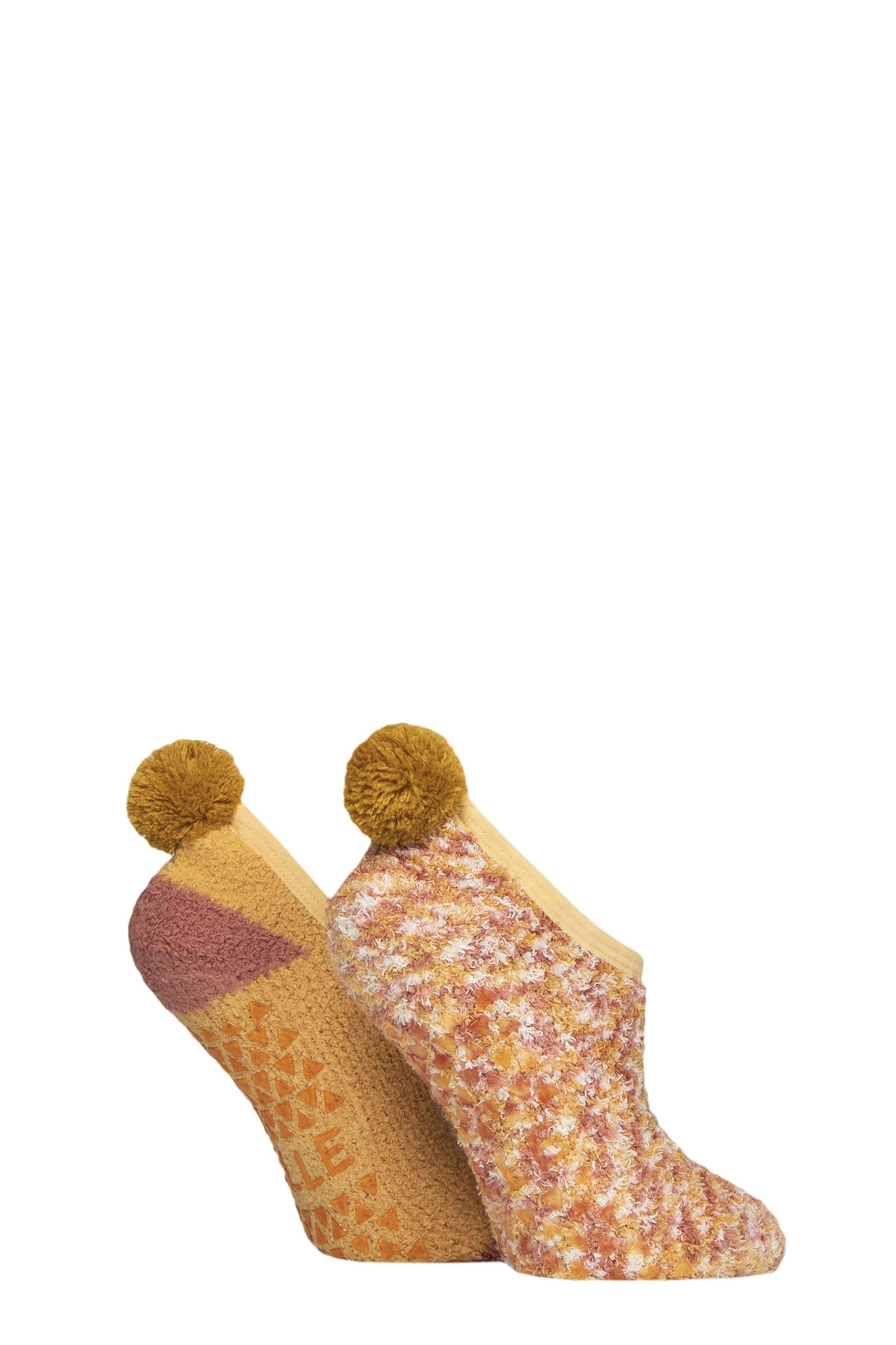 Elle Women's Pumpkin Spice Cosy Slipper Socks - Mary Jane, Pom Poms, Anti Slip Grips, Warm,Winter, Colourful, Bright, Size 4-8 Multipack Of 2