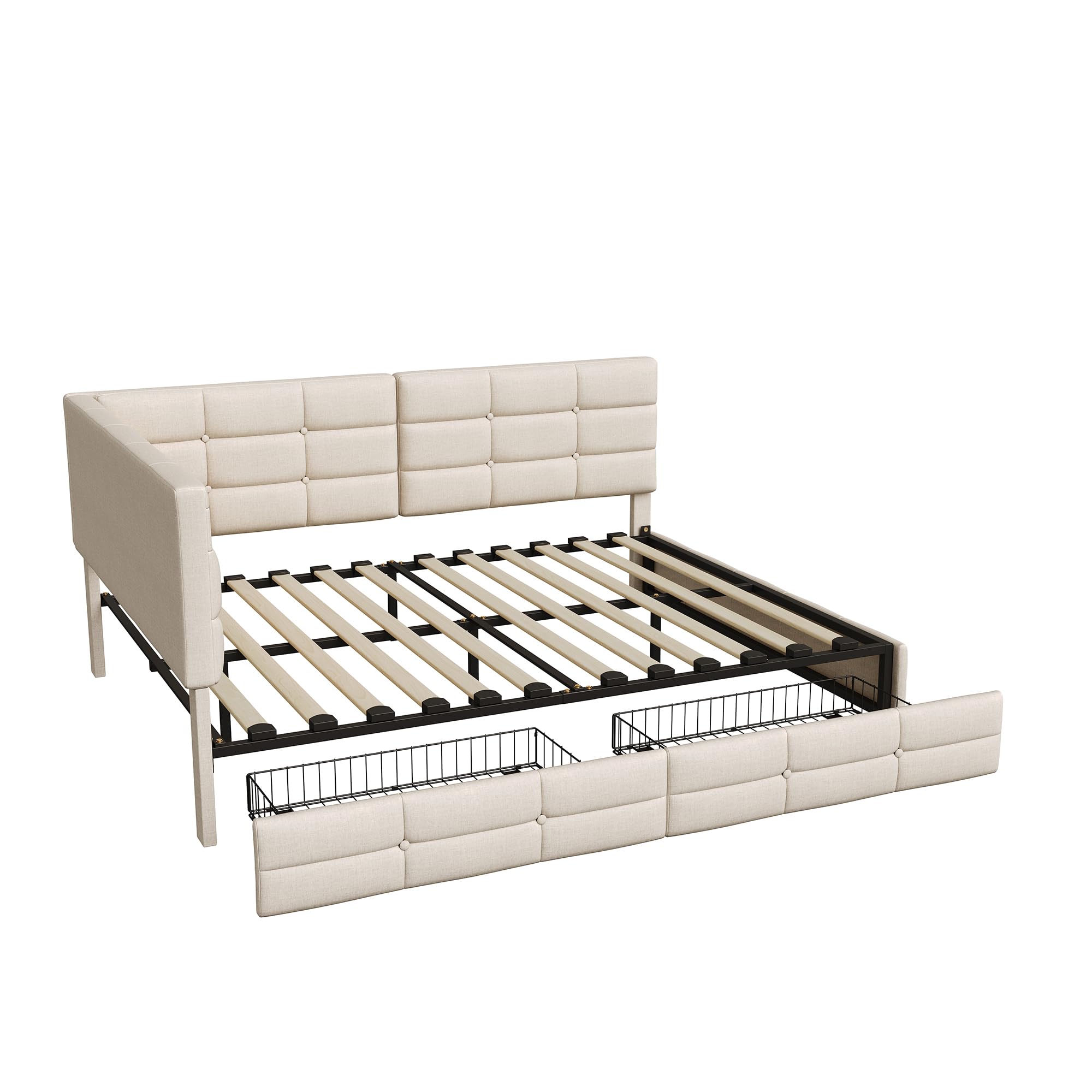 Letto Contenitore 140x190 con 2 Cassetti, Letto Imbottito Matrimoniale con Illuminazione a LED e USB, Divano Letto con Rete a Doghe per Soggiorno, Camera da Letto