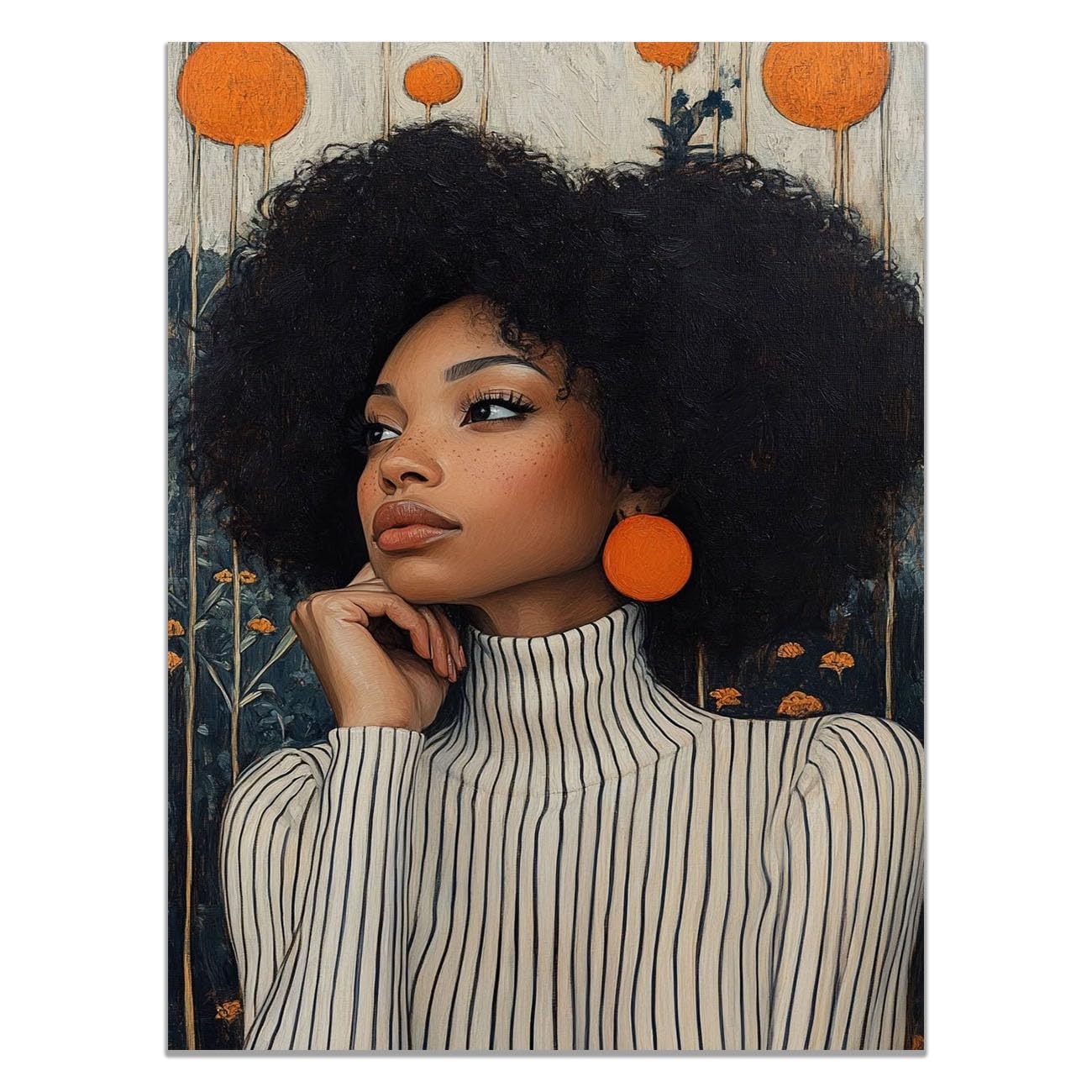 QUSAAOU Fashion Canvas Wall Afro Woman Orange Circle Earrings Living Room Bedroom African American Decor For Home Afro Woman Poster And Prints(Orange)-30x45cm1 Unframed