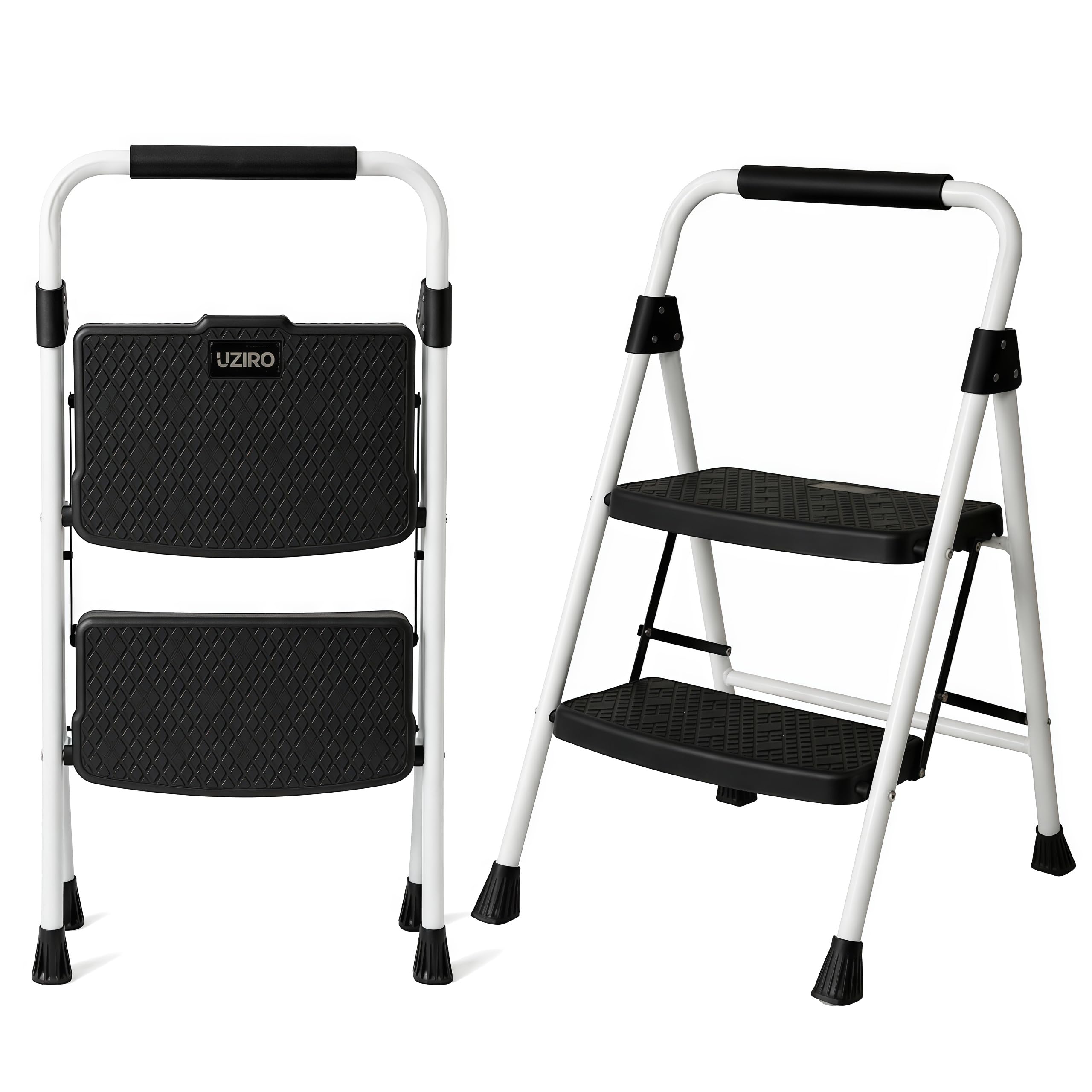UZIRO Escalera Plegable 2 Peldaños, Estructura de Acero y Aluminio, Color Blanco, Peldaños Antideslizantes, Asa de Goma, para Hogar, Cocina, Oficina y Bricolaje