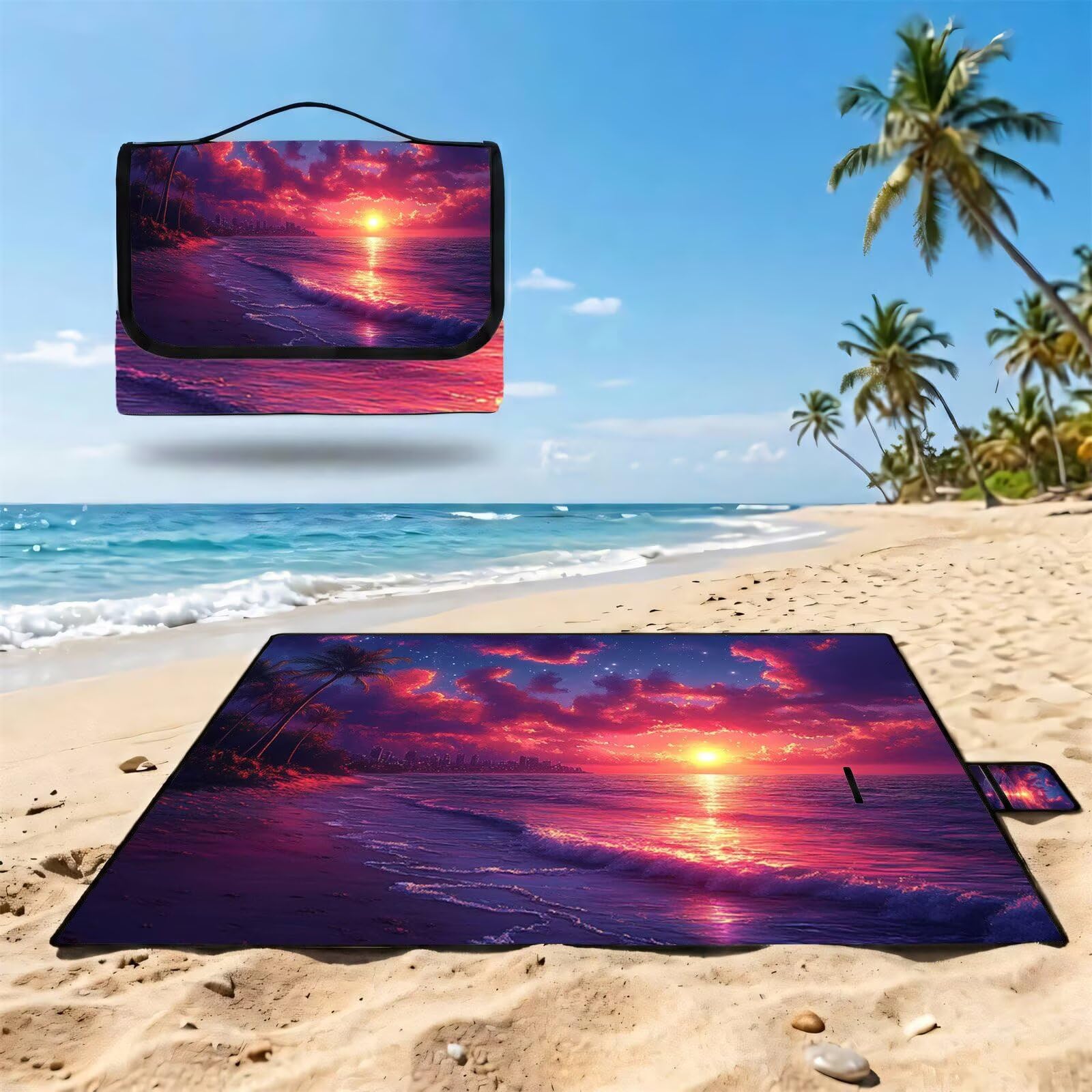 Grande Manta Picnic 200x300cm,Playa Manta Picnic Impermeable,Puesta de Sol (2) Esterilla de Playa Alfombra de Exterior,Picnic Blanket Plegable con Asa para Camping,Jardín,Césped,Playa UZ-745