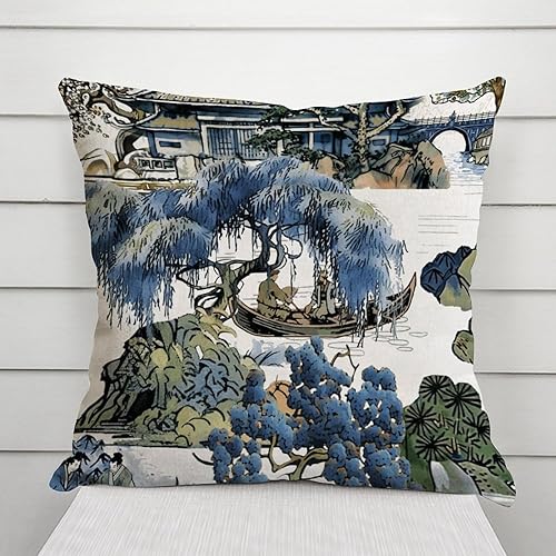 Vista 398 de ArogGeld Chinoiserie - Fundas de almohada escénicas asiáticas, estilo asiático, funda de almohada azul y verde Kelly, funda de cojín para decoración