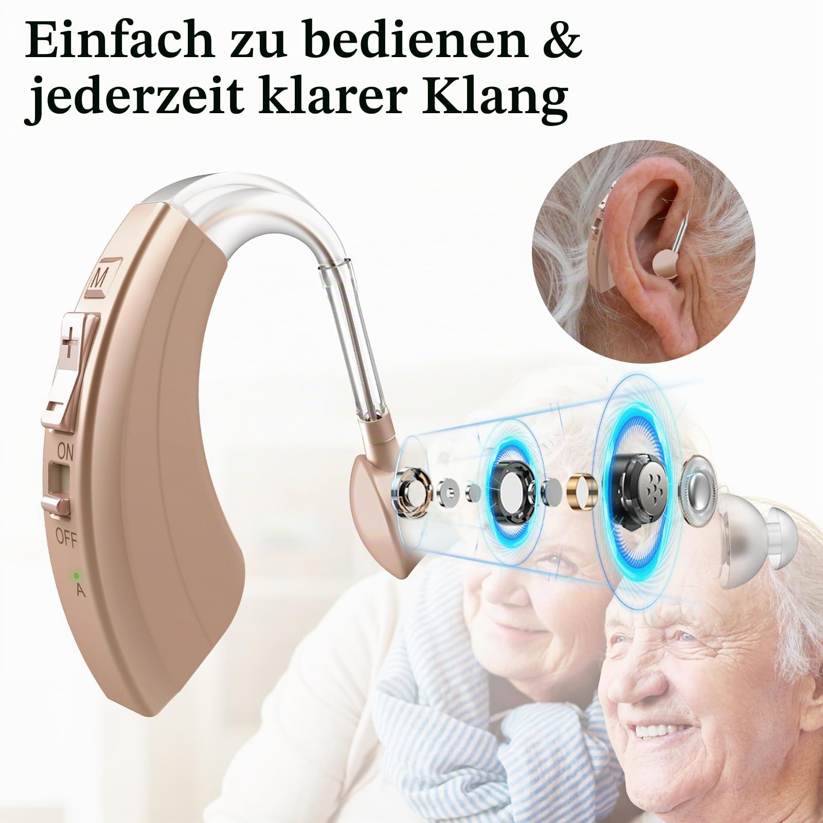 Wiederaufladbare Soundgerät für Senioren mit Geräuschunterdrückung & einstellbarer Lautstärke, BTE-Komfortdesign (1, Beige)