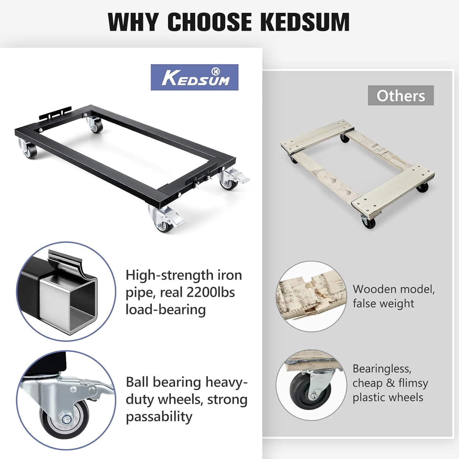 KEDSUM Furniture Dolly 2200LBS, Heavy Duty Dolly with Reinforced Steel Frame, Furniture Dolly 4 Wheels with Brake, All Terrain & Anti-Slip Baffles for Home Moving, Garage, Warehouse, 31 x 17 in