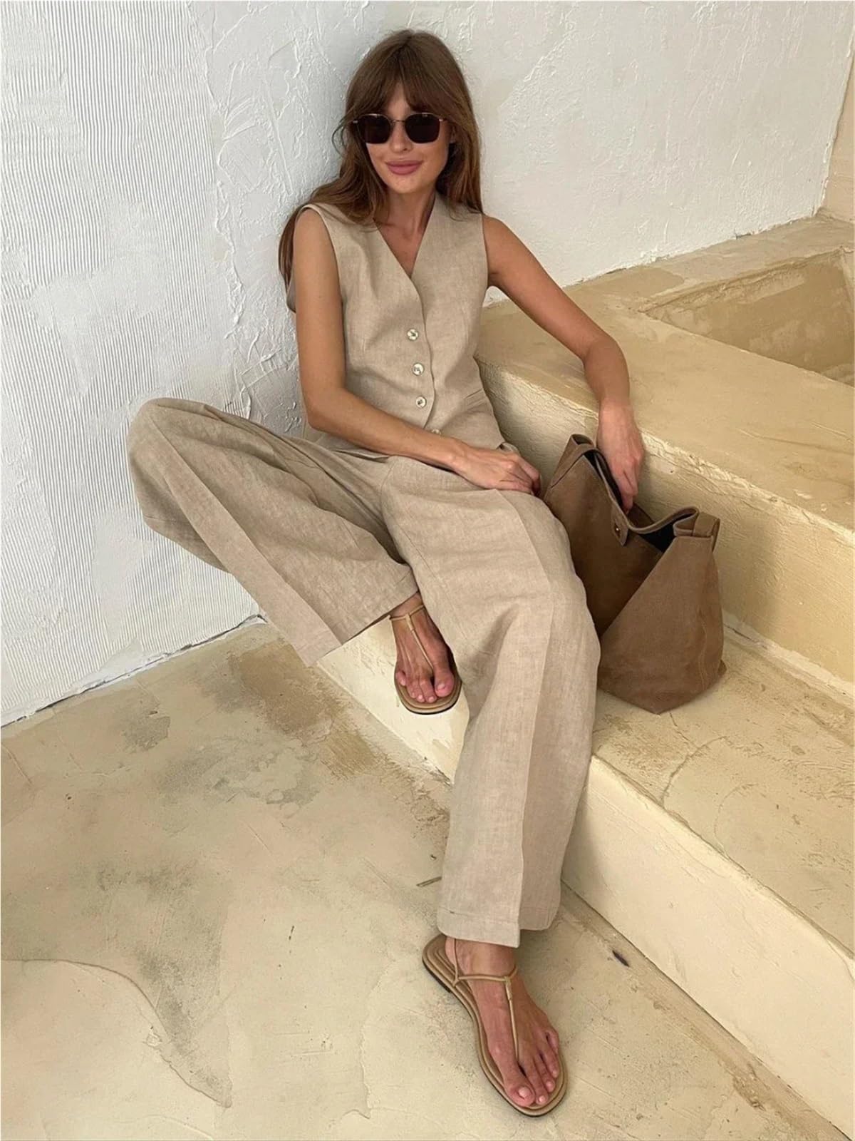 Completo Estiva Donna Completo da donna in lino e cotone, elegante, con gilet pantaloni, due pezzi, estivo, ufficio Per viaggiare