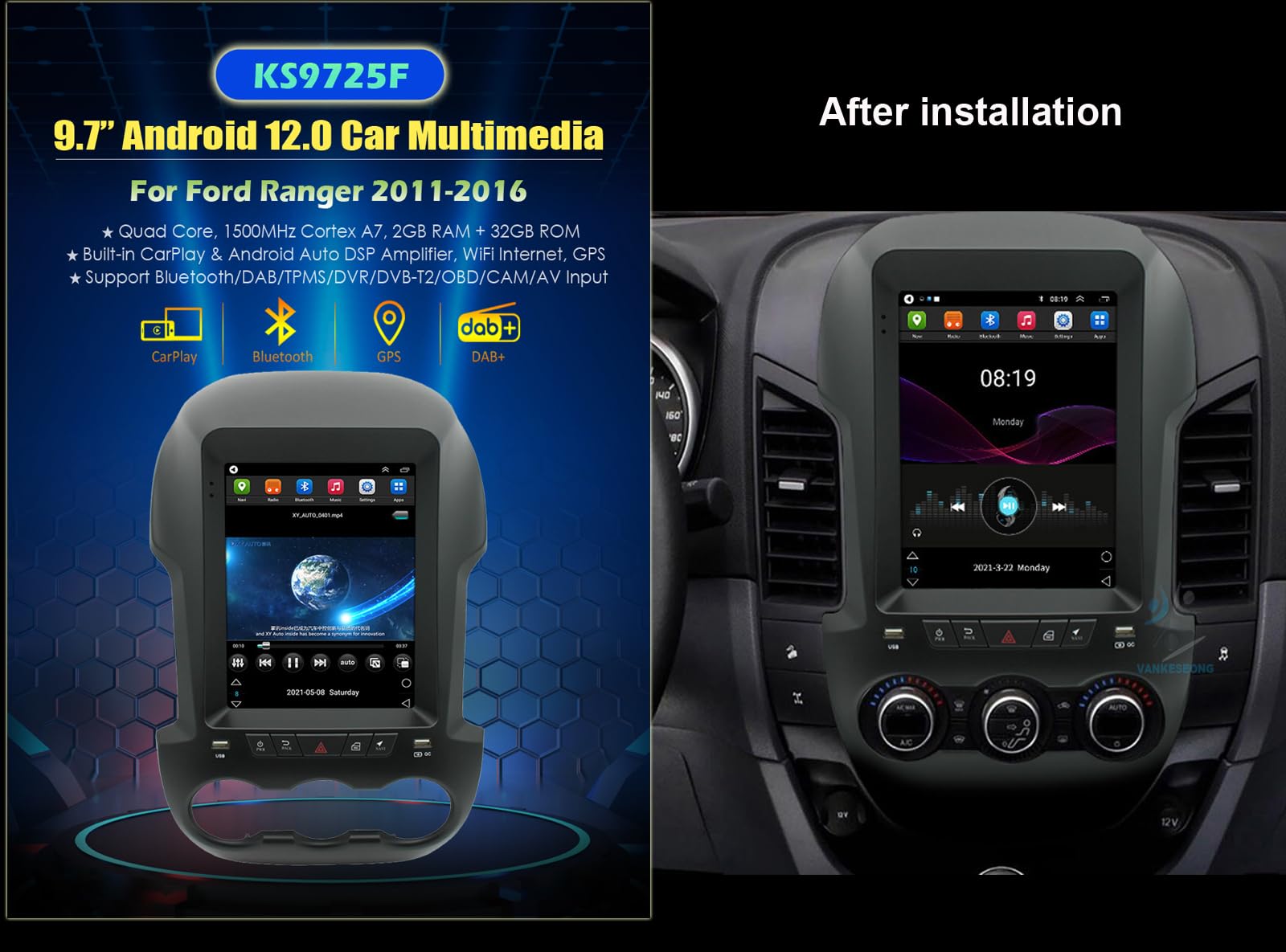 Für Ford Ranger 2011-2016 Wireless Android Auto Autoradio USB Bluetooth 8 Core 9.7" Android 13 Autoradio DAB+Radio CarPlay Navi Bluetooth DAB+Radio WiFi FM (4GB RAM+ 64GB ROM)