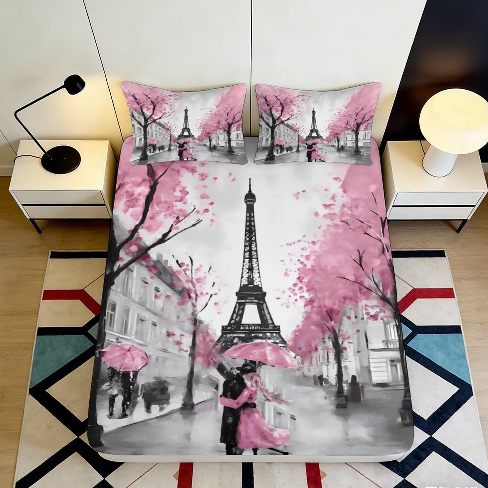 3D Printed Paris Eiffel Tower Fitted Sheet Microfiber Pink Blossom Bed Cover for Bedroom Guest Room Decor Anti-Slip Easy Care 90x200x25cm